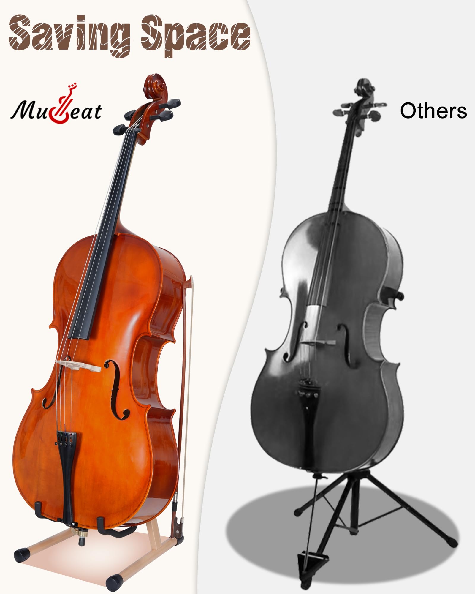Cello Stand with Bow Holder, Mahogany Wooden A-Shape Floor Stand with Padded Foam, Handcrafted Cello Rack Fits 1/2, 3/4, 7/8, 4/4 Full-Size and Guitar, Instrument Holder for Home and Studio Display