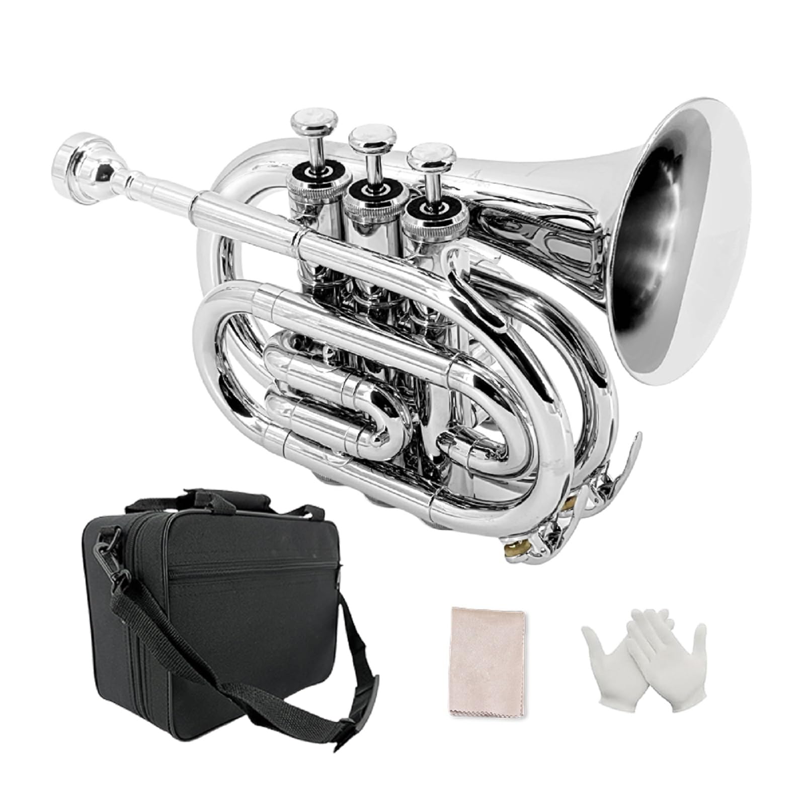 Pocket Trumpet Bb Flat Brass Trumpet for Beginner Student with 7C Mouthpiece Carrying Hard Case Cleaning Cloth Gloves