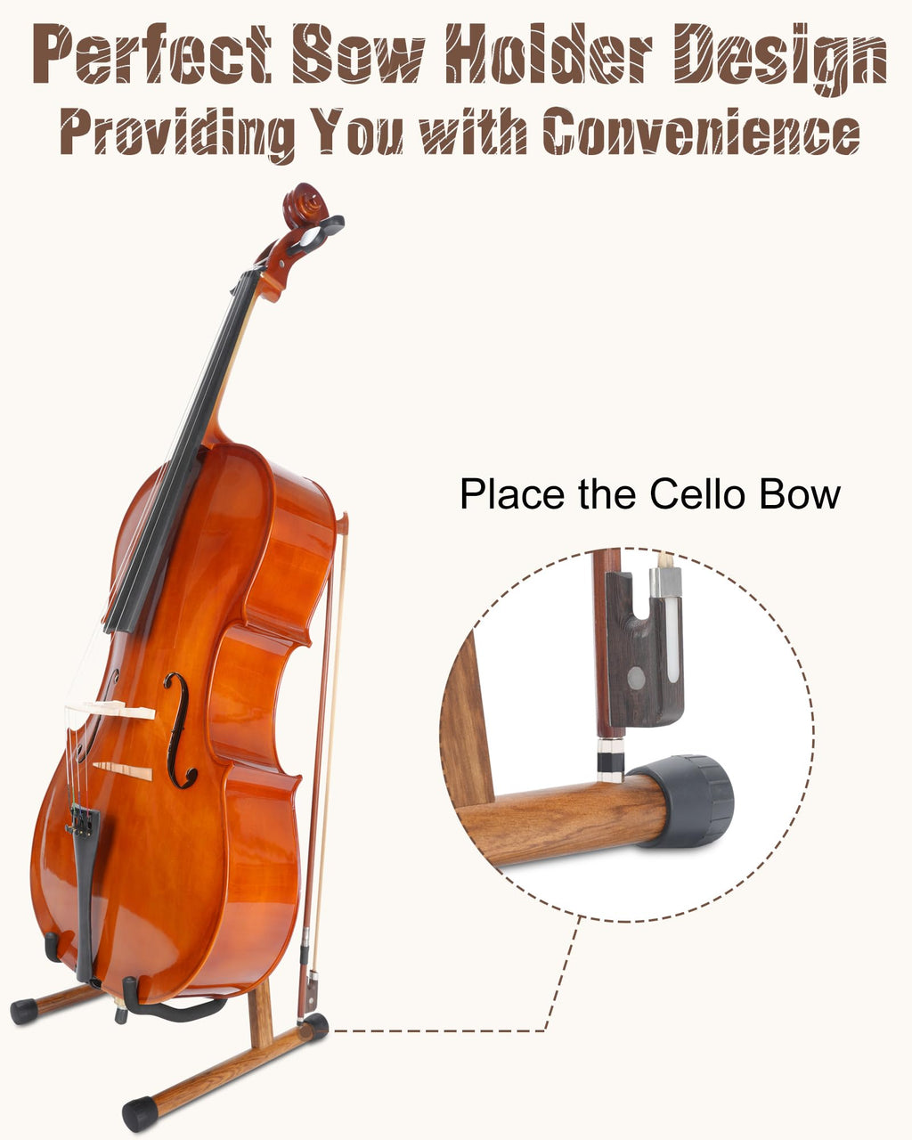 Cello Stand with Bow Holder, Mahogany Wooden A-Shape Floor Stand with Padded Foam, Handcrafted Cello Rack Fits 1/2, 3/4, 7/8, 4/4 Full-Size and Guitar, Instrument Holder for Home and Studio Display