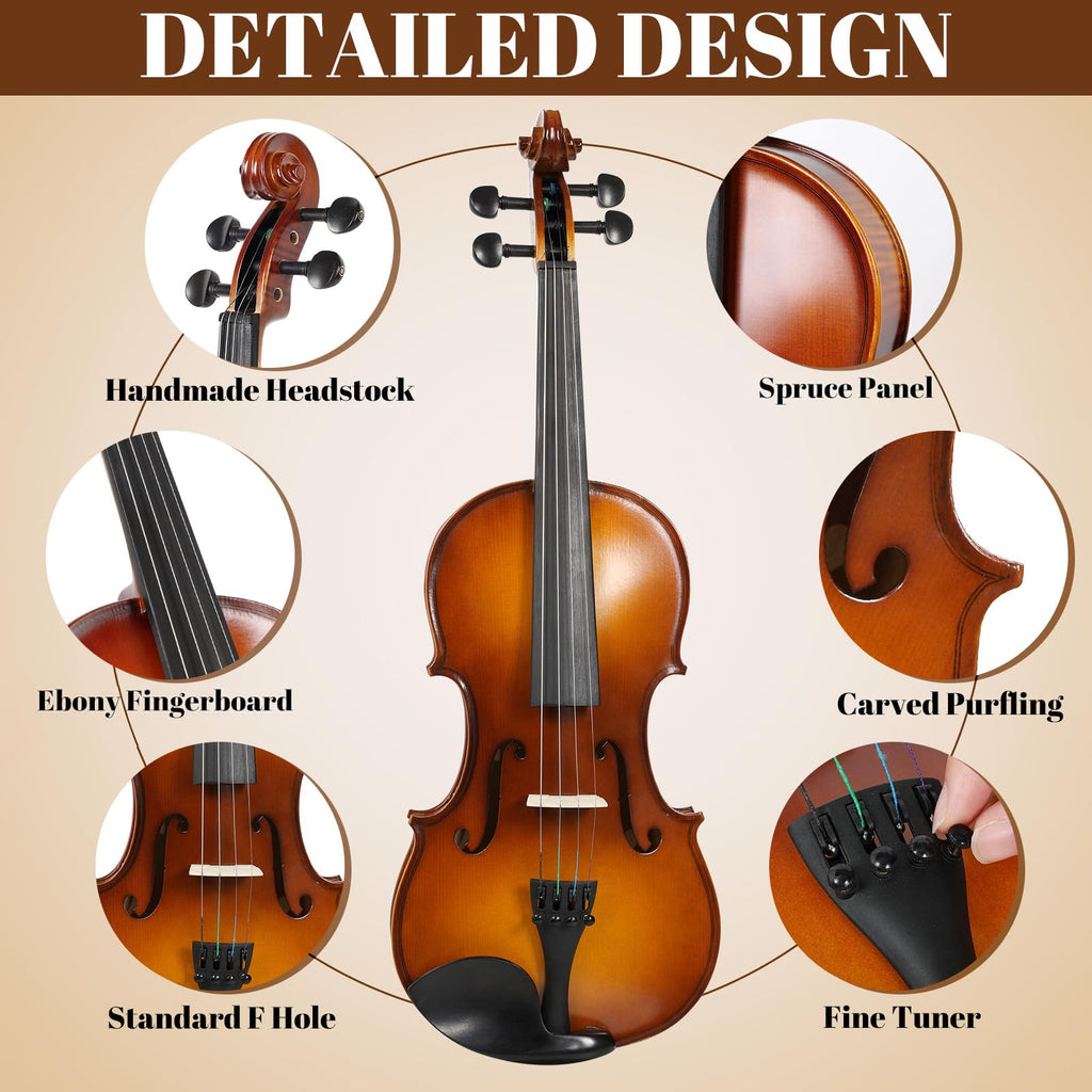 Kmise Violin 4/4 Full Set, Fingerboard Fret Markings Violins, Matte Acoustic Fiddle for Adults, Beginners, Students with Violin Case, Rosin, Strings, Bow, Shoulder Rest, Beginner's Guide (Matte, 4/4)