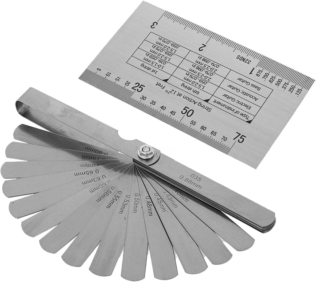 Jiawu Guitar String Action Gauge Ruler 32 Piece Feeler Gauges Set Fingerboard Fret Protector Guards Stainless Steel Measuring Tool