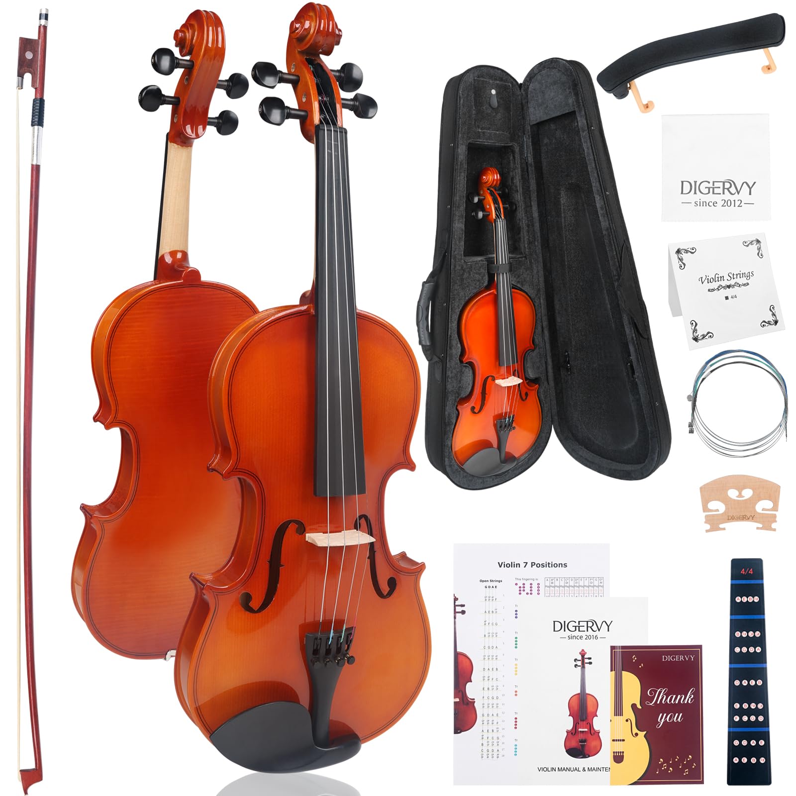 Violin 4/4 Full Size Kit for Beginners, Glossy Violin Fiddle Set for Adults, Students with Violin Case, Bow, Rosin, Fingerboard Sticker, Shoulder Rest, Extra Strings and Bridge(Plywood, Full)