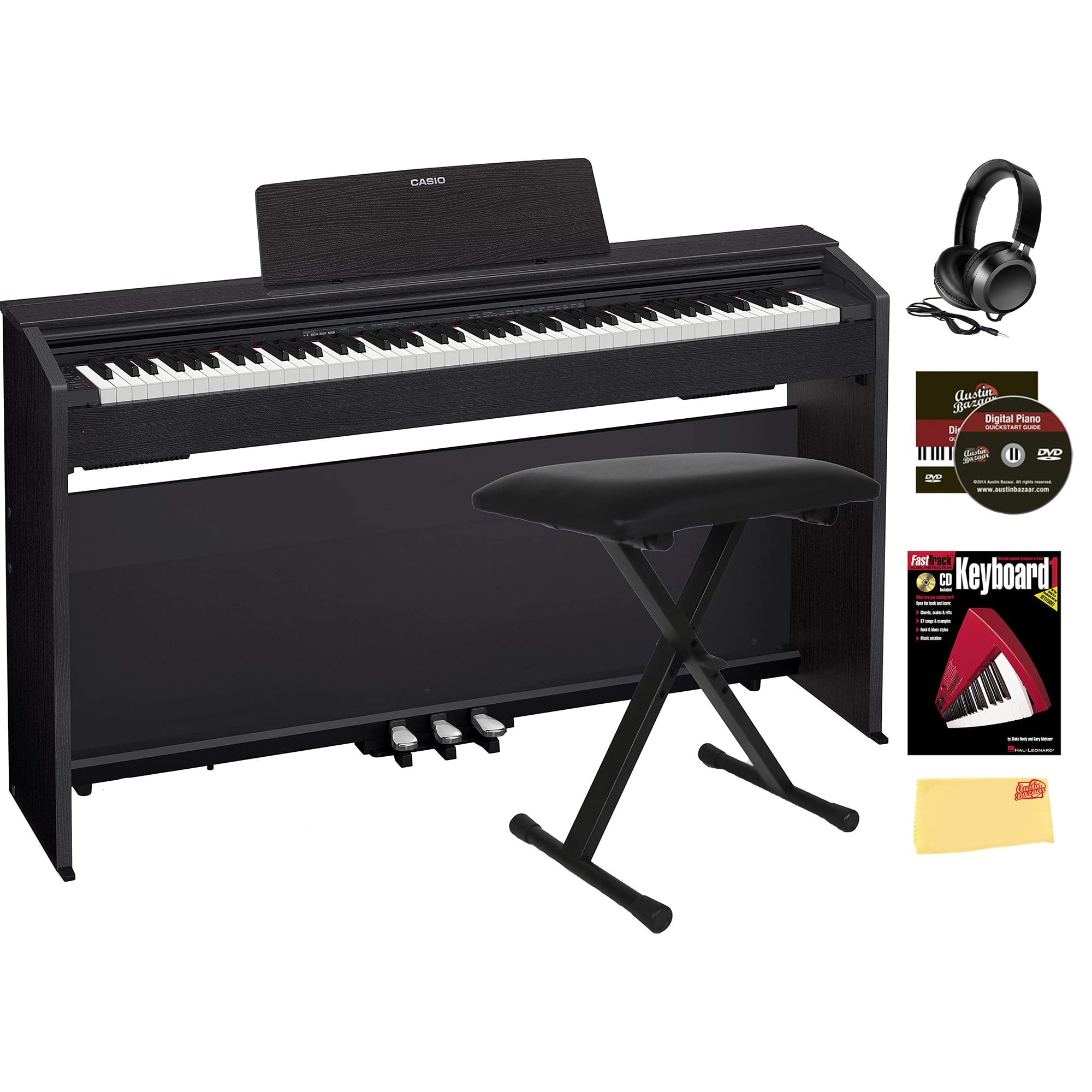 Casio PX-870 Privia Digital Piano - Black Bundle with Furniture Bench, Headphones, Instructional Book, Online Lessons, Instructional DVD, and Austin Bazaar Polishing Cloth