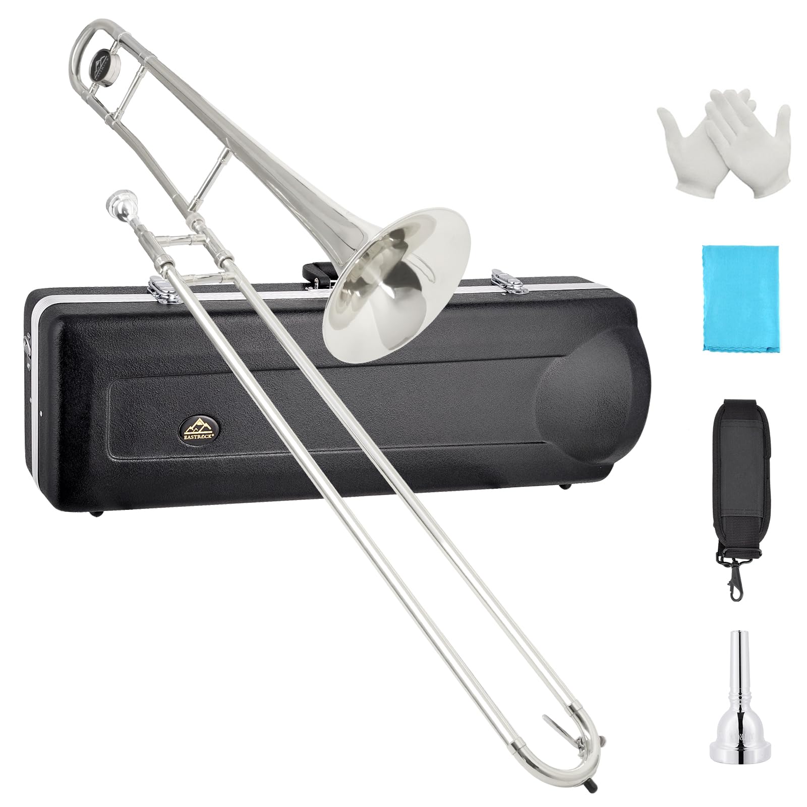 EASTROCK Bb Tenor Slide Trombone, B Flat Brass Plated Trombone Instrument for Beginners Students with Hard Case, with Mouthpiece, White Gloves (12.5mm/200 mm), Golden