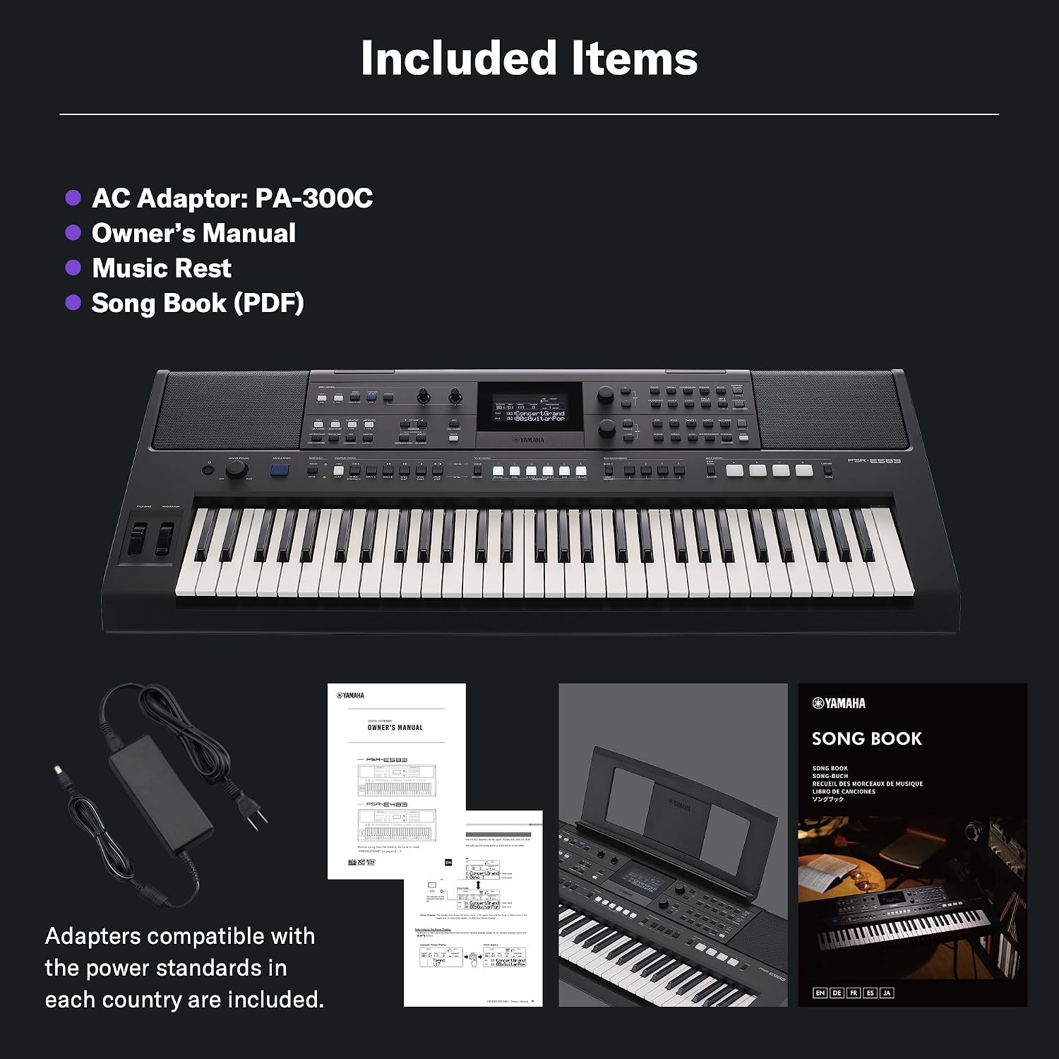 Yamaha PSR-E583, 61-Key Touch-Sensitive Portable Keyboard with Premium Sound, Music Rest and Power Adapter