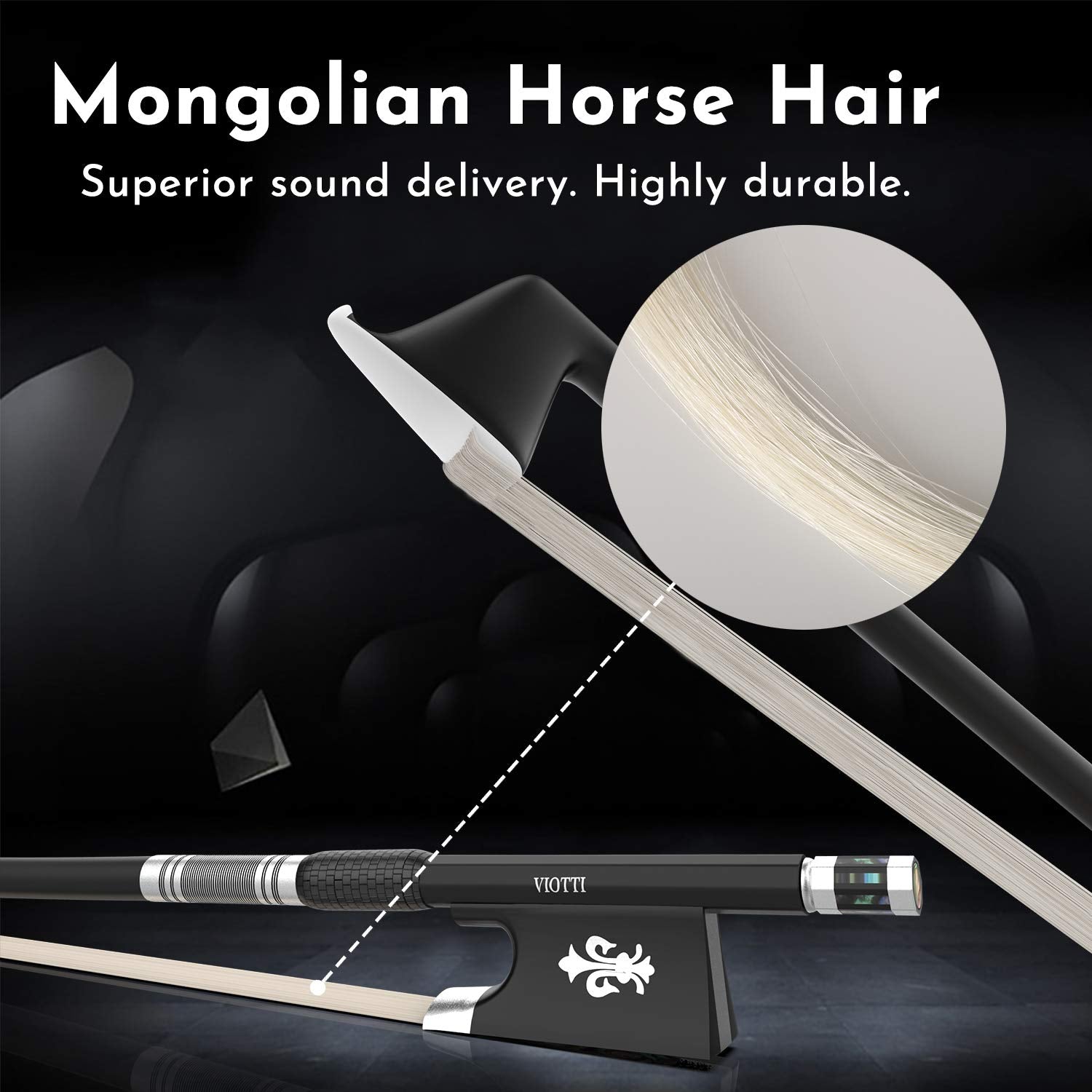 Viotti Carbon Fiber Violin Bow, Hand Crafted by Professional Violin & Bow Makers, Strong, Stiff & Well Balanced, Made with Mongolian Horse Hair, For Violinists & Fiddlers of All Skill Levels