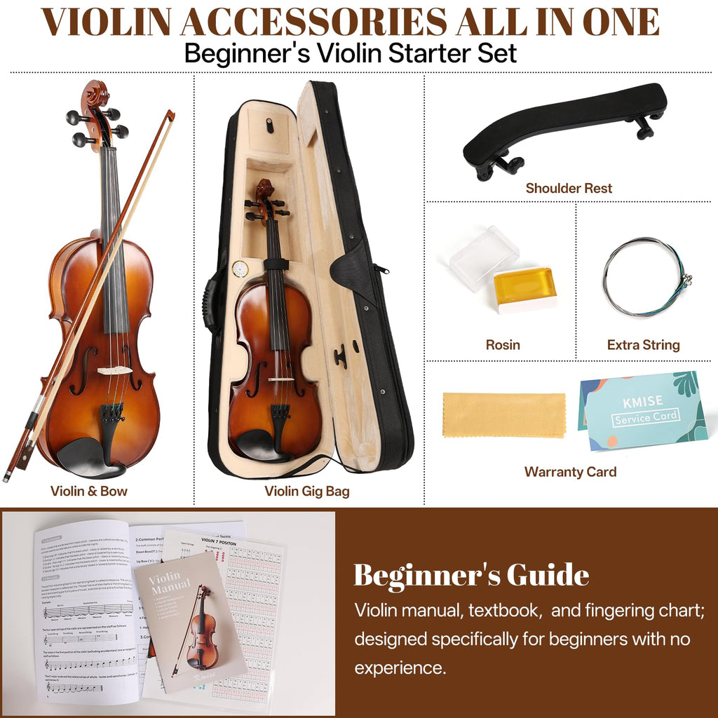 Kmise Violin 4/4 Full Set, Fingerboard Fret Markings Violins, Matte Acoustic Fiddle for Adults, Beginners, Students with Violin Case, Rosin, Strings, Bow, Shoulder Rest, Beginner's Guide (Matte, 4/4)