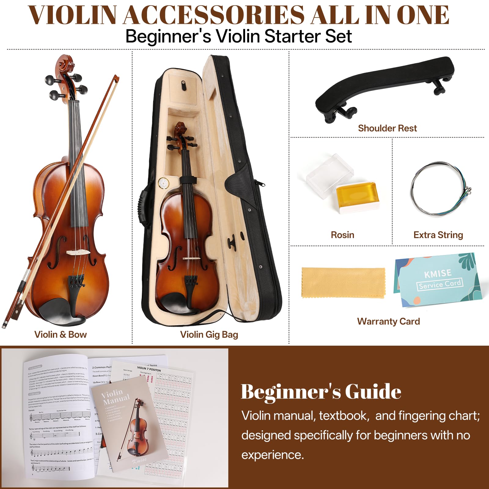 Kmise Violin 4/4 Full Set, Fingerboard Fret Markings Violins, Matte Acoustic Fiddle for Adults, Beginners, Students with Violin Case, Rosin, Strings, Bow, Shoulder Rest, Beginner's Guide (Matte, 4/4)