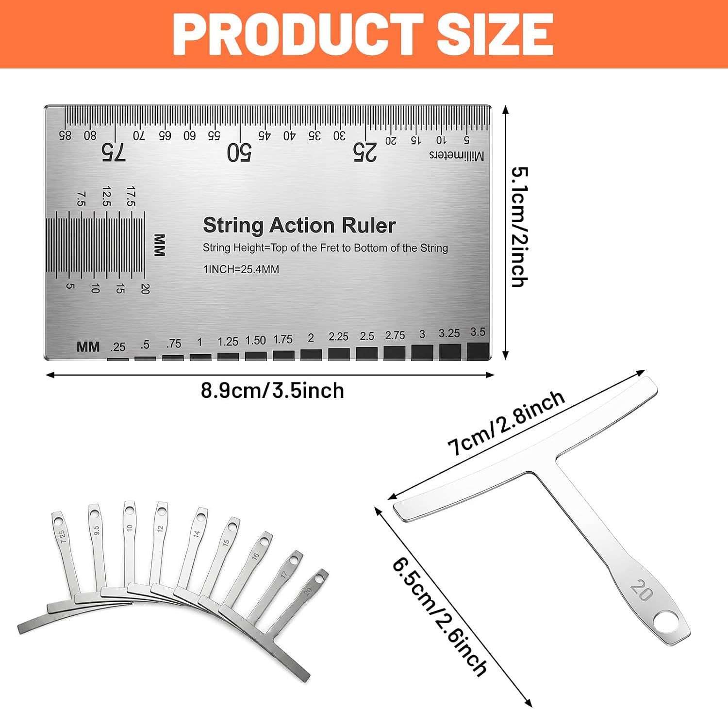 Guitar Radius Gauge Set, 9-Piece Understring Radius Tools String Action Ruler Luthier Kit Precision Measuring Tool for Guitar Bass Setup Repair (Stainless Steel)