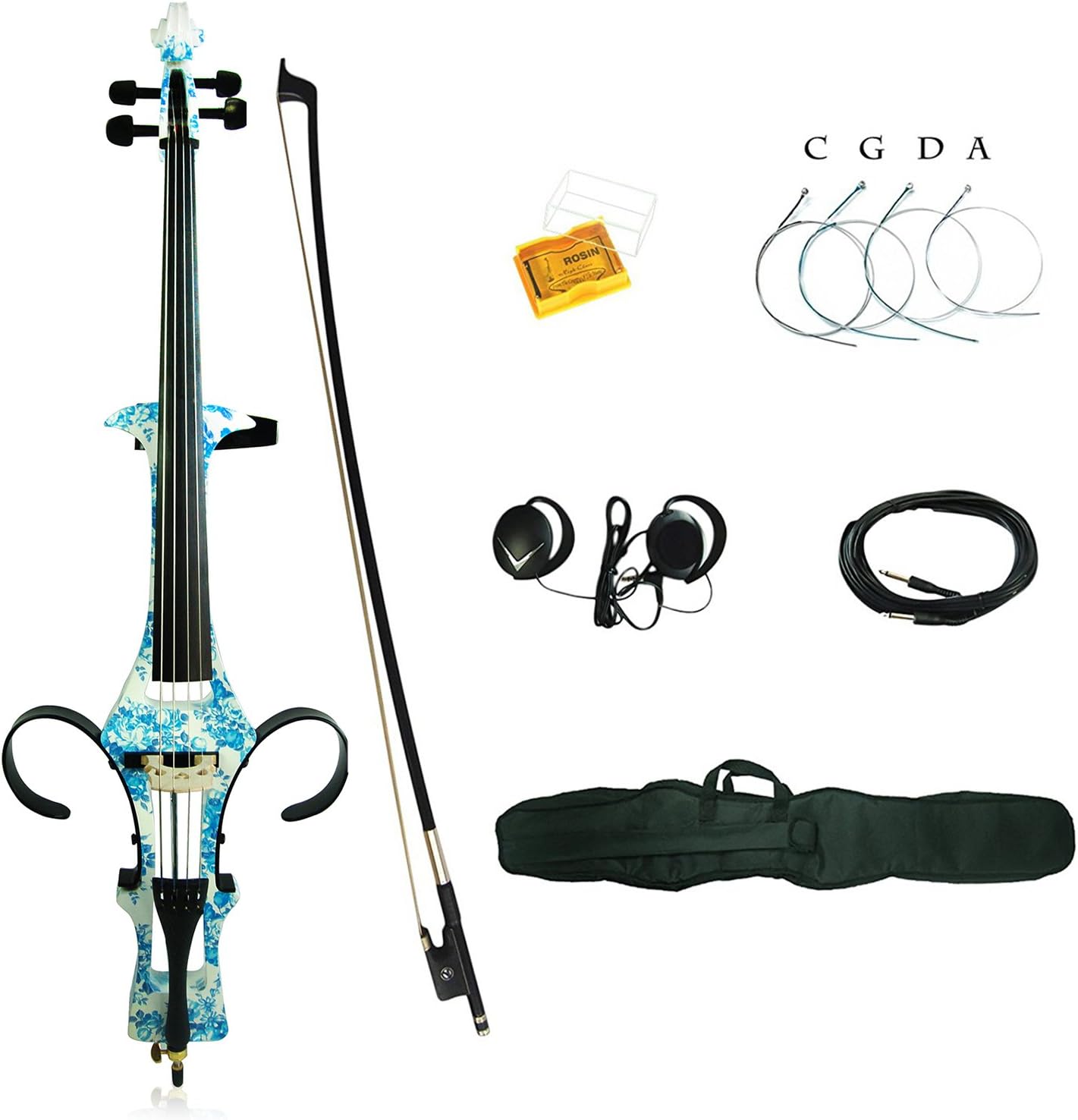 Aliyes 4/4 Full Size Solid Wood Electric Cello Violoncello Maple Wood body Ebony Fittings with Bag, Bow, Rosin, Aux Cable, Earphone, Extra set of strings(White&Blue Flowers)(ALDSDT-1201)