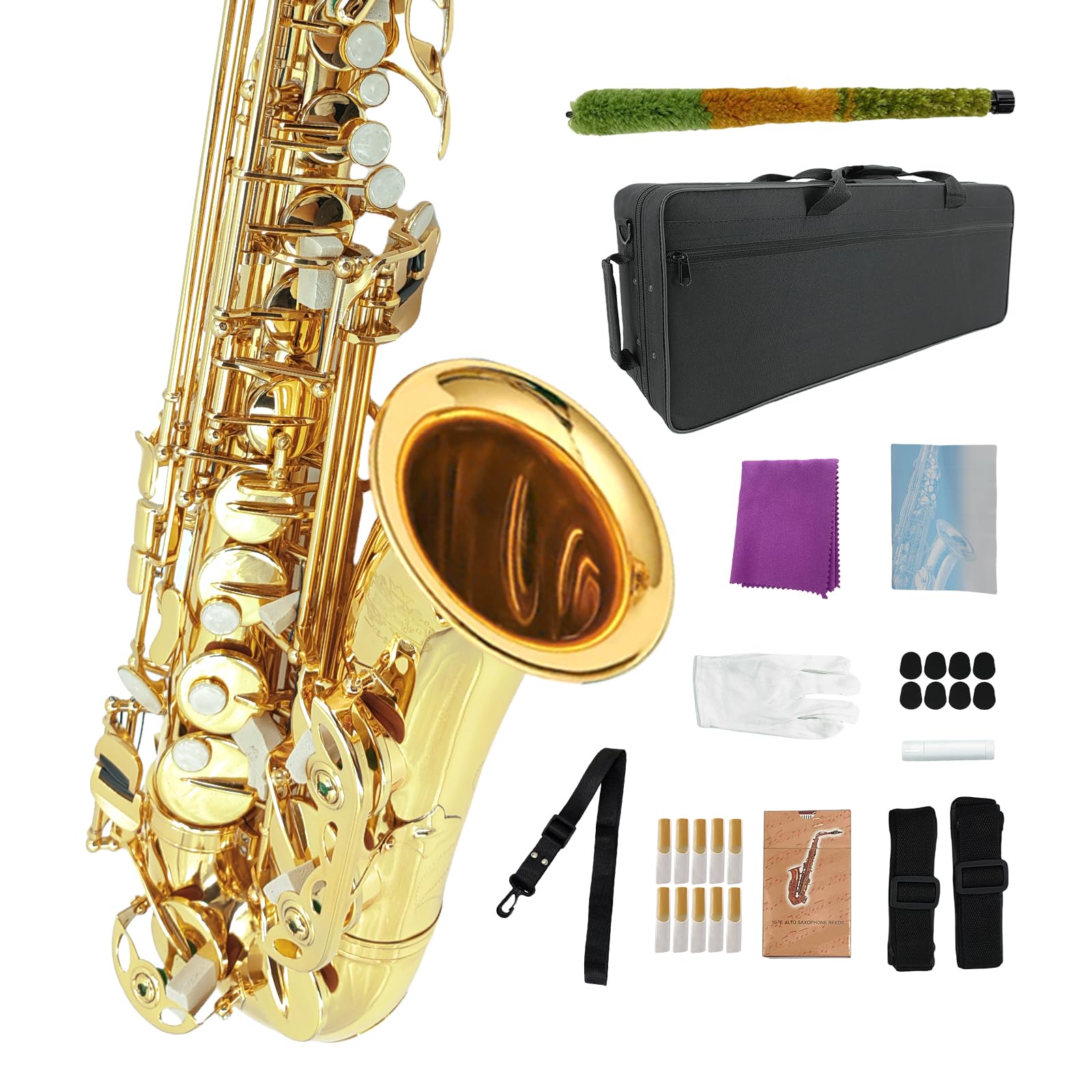 Student Eb Alto Saxophone E Flat for Beginners Sax Full Kit with Pads Cushions,Hard Carrying Case,Neck Strap,Reeds,Cleaning Cloth & Rod,Mouthpiece,Gloves