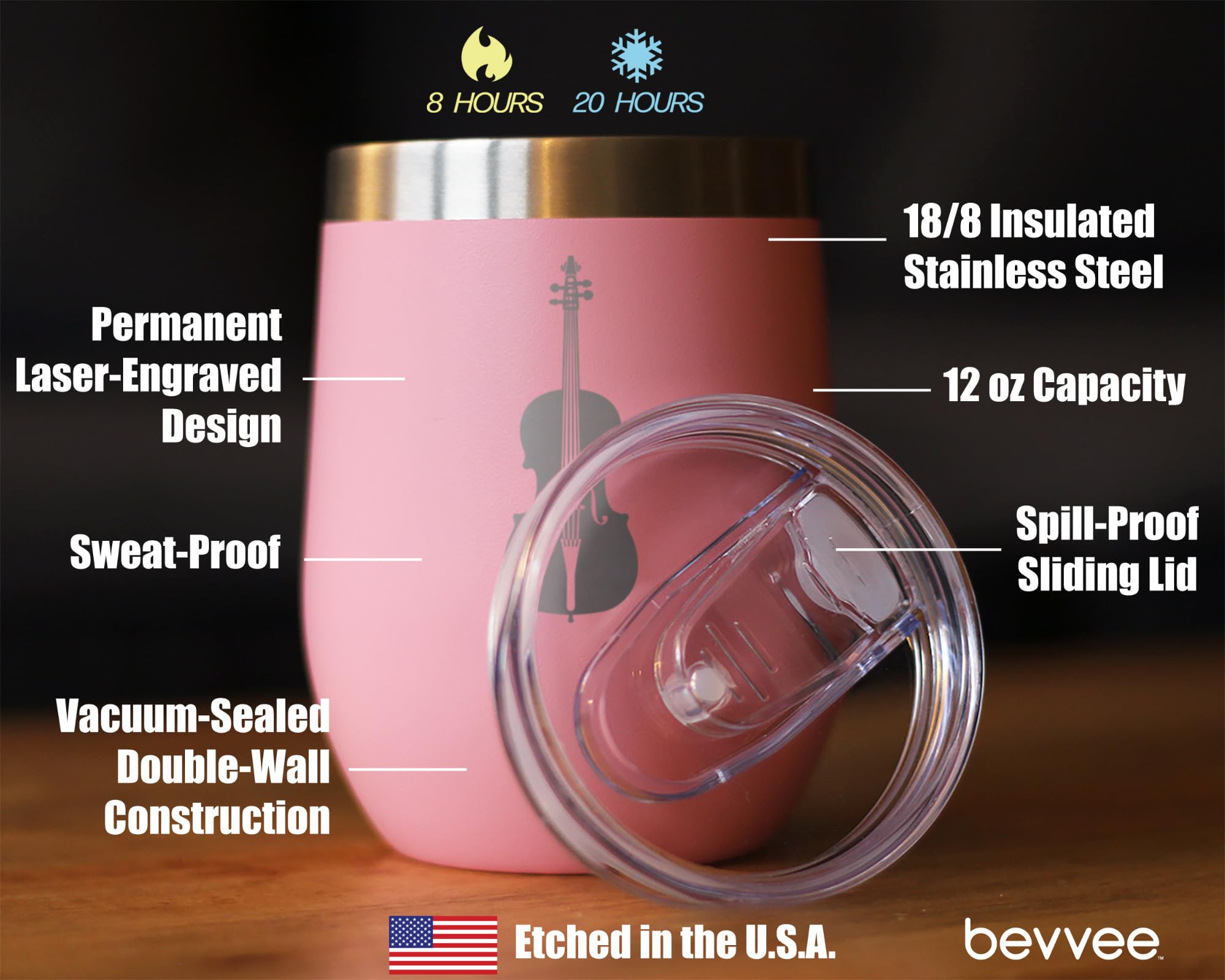 Bevvee Cello - Wine Tumbler Cup with Sliding Lid - Stainless Steel Insulated Mug - Orchestra Gifts for Cellists - Teal