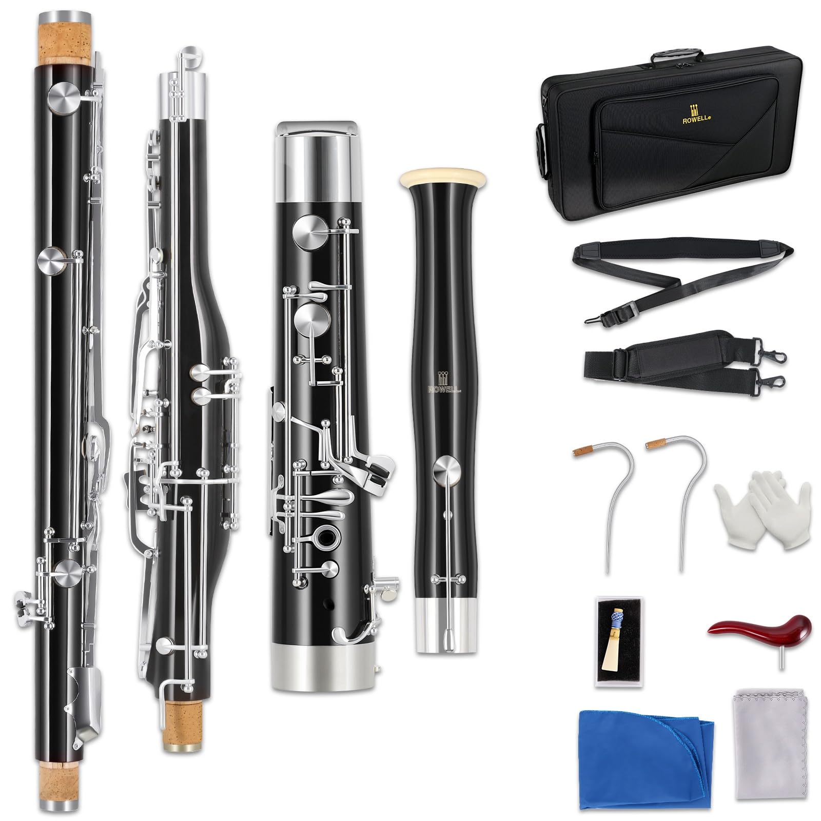 ROWELL Maple Bassoon C Key Bassoon with Self-Locking Mechanism 19 Keys Silver Plated Bassoons Instrument with Case and Care Kit, Ideal for School Band, Orchestra, and Home Practice Black