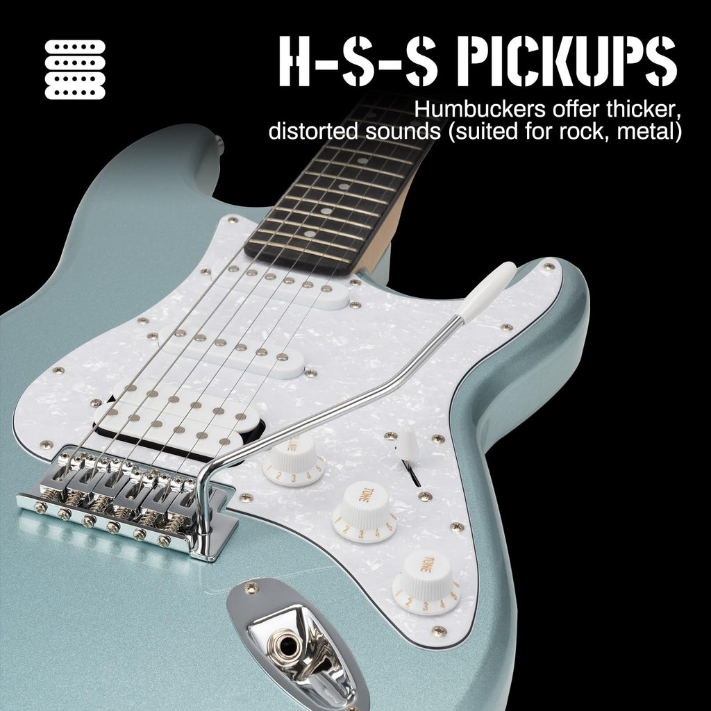 AODSK Electric Guitar with Amp Beginner Kit 39 Inch Solid Body Full Size,All Accessories,Digital Tuner,Six Strings,Four Picks,Tremolo Bar,Strap,Gig Bag,Starter kit (Blue-HSS)