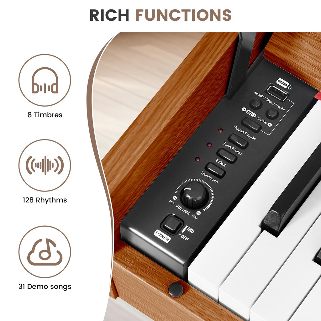 88 Key Digital Piano Keyboard for Beginners, Fully Weighted Wooden Electric Piano with Triple Pedal, Headphone, Supports MIDI Connecting, French Dream Sound Source (Brown)