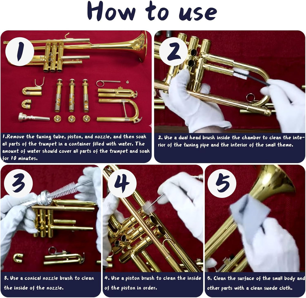 Trumpet Cleaning Kit, Clean and Care Horn, Trumpet Valve Oil Kit with Valve Oil, Slide Grease, Cork Grease, Cleaning Cloth, Mouthpiece/Valve/Bore Brushes, Polishing Cloth