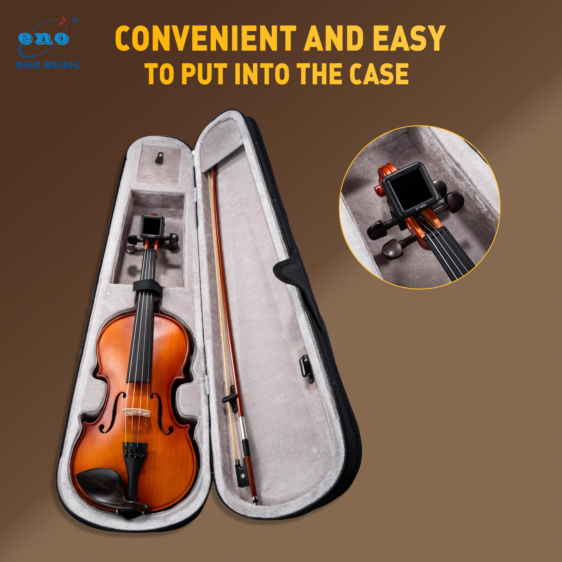 ENO MUSIC Rechargeable Type-C Quick Charge Easy Control Big LCD Display Easy Reading Clip-on Tuner for 4/4 Violin Viola Bass, Red
