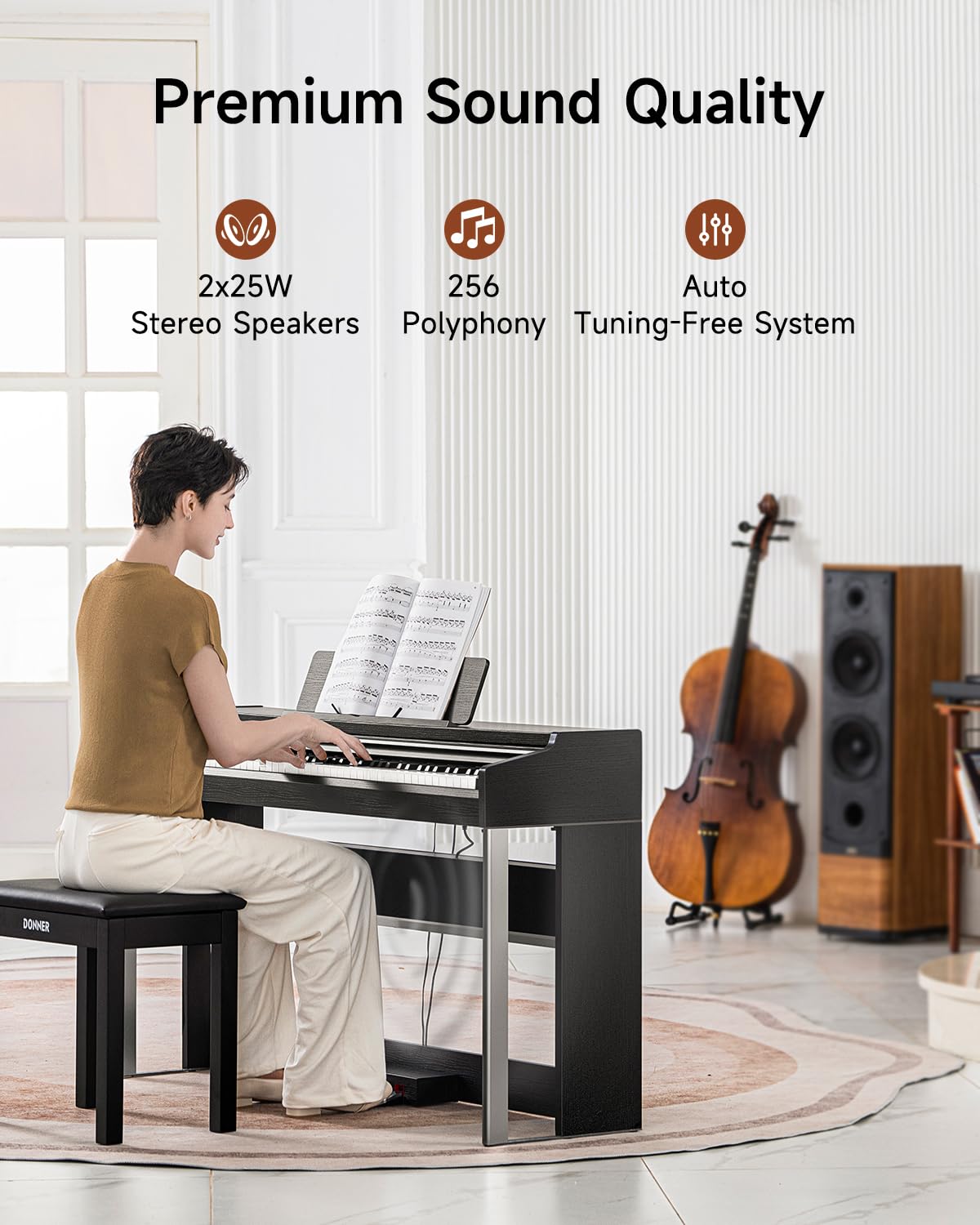 Donner DDP-200 Pro Digital Piano with 88 Key Graded Weighted Keyboard, Wireless Piano with 2.4" IPS Screen Record, 256 Polyphony, Full Size Piano Keyboard Gifts for Beginner Advanced, Wood Graina