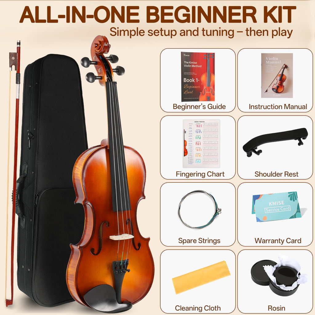 Kmise Teacher Approved 4/4 Full Size Violin Starter Kit for Adults Beginners Students, High Density Ebony Acoustic Violins, Fiddle Bundle with Case, Bow, Rosin, Strings, Shoulder Rest & Guide