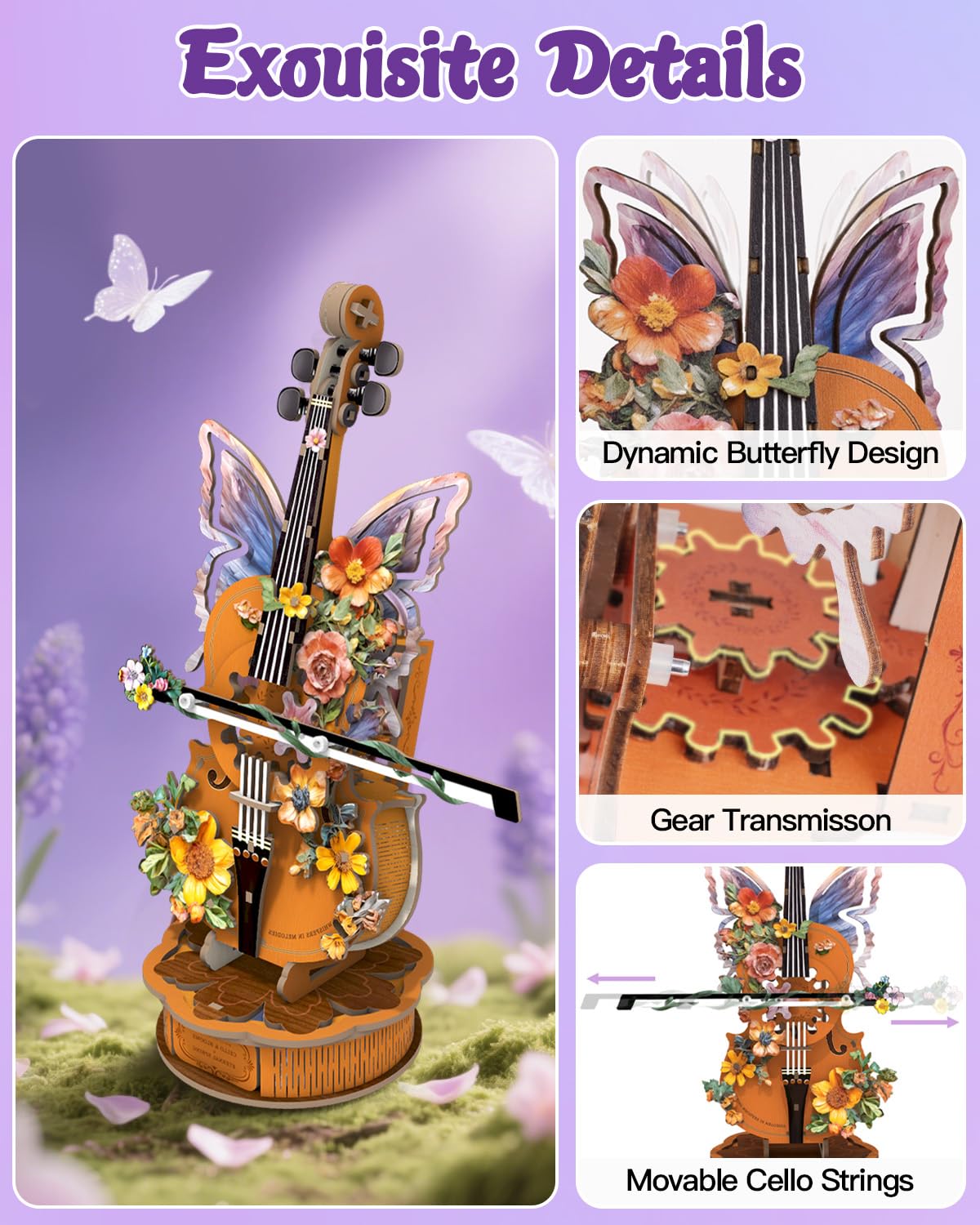 3D Puzzles for Adults, Mechanical Wooden Cello Music Box Puzzles, DIY Flower Music Box Cello Crafts Model Kits Home Decor for Women Holiday Weddings