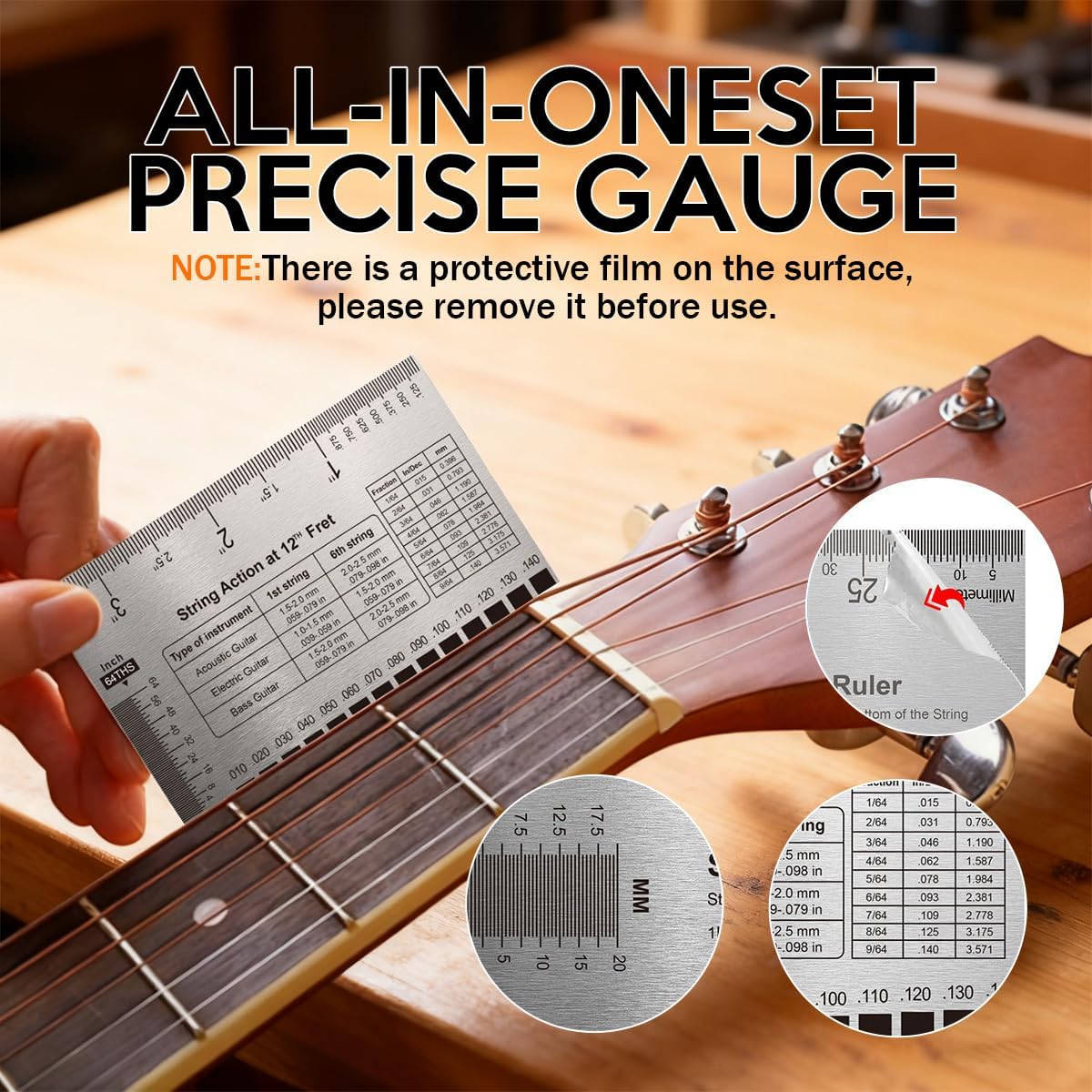 Guitar Neck Notched Straight Edge Luthiers Tool with String Action Ruler Gauge and Fritz Ruler for Gibson Fender and Most Guitar