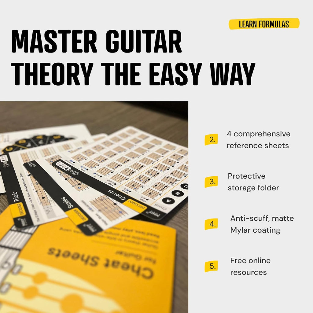 Guitar Theory Cheat Sheets 8x8": Guitar Chord, Scale & Triad Charts | Circle of fifths, anti-scratch matte lamination, reference cards, beginners, easy-read layout, practice, lessons, songwriting
