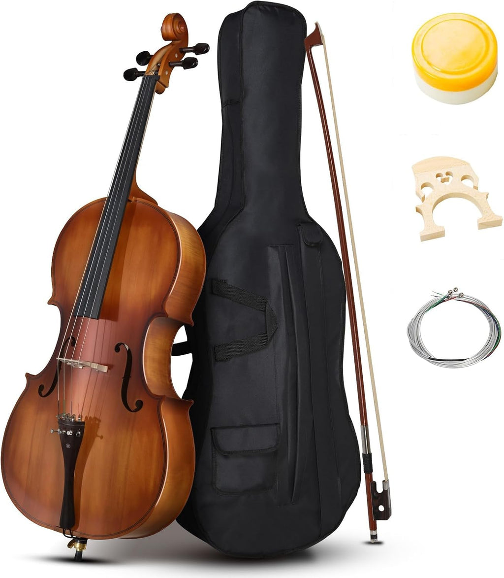 Full Size Acoustic Cello Kit for Adults,Beginners,Complete 4/4 Cello Set with Portable Bag, Bow, Rosin,Matte Natural