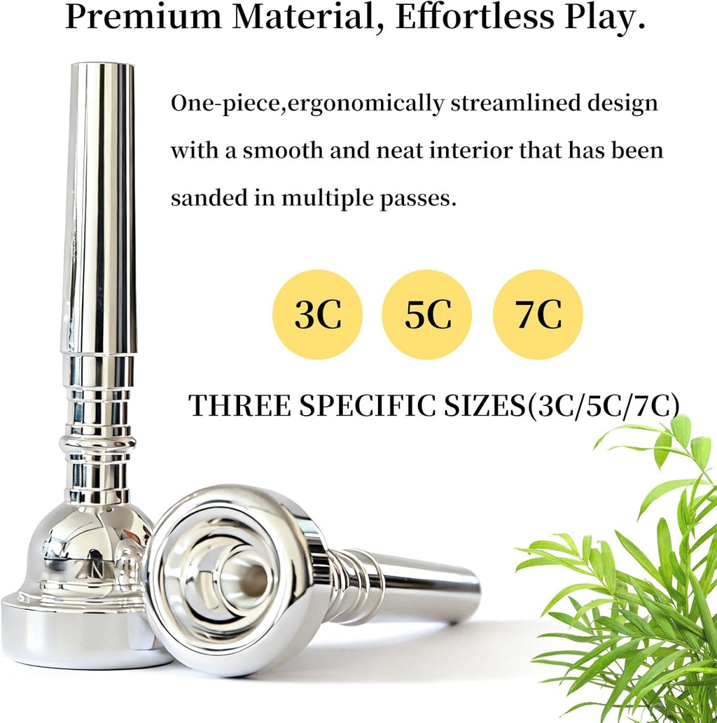 Trumpet Mouthpiece 3 Pack (3C, 5C, 7C) - Silver Plated Brass Mouthpieces, Universal Fit for Standard Trumpets, Ideal for Beginners & Music Enthusiasts