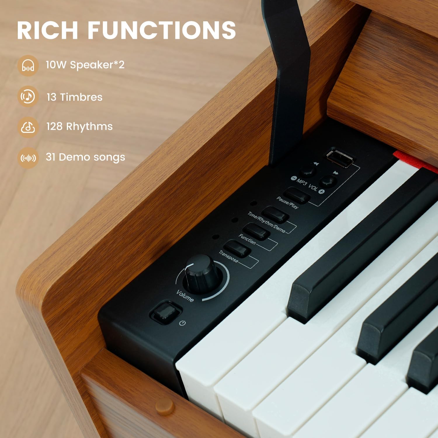 88-Key Weighted Piano Keyboard, Hammer Action Digital Piano with Speakers, Wooden Electric Piano with bench, Triple Pedal, Headphone, cover, Supports MIDI Connecting (Brown)