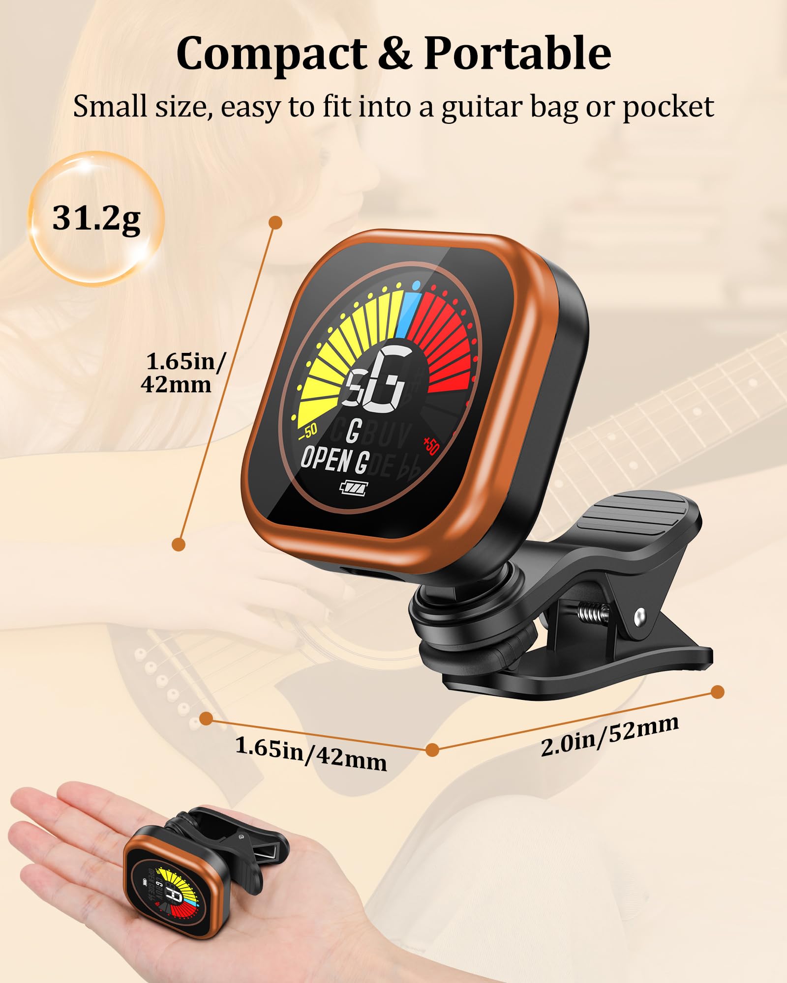New Bee Guitar Tuner Clip-On Rechargeable with Color Screen 360° Rotatable Acoustic Chromatic Open Tuning for Guitar, Bass, Ukulele, Violin, Cello(Black, 1 Pack)