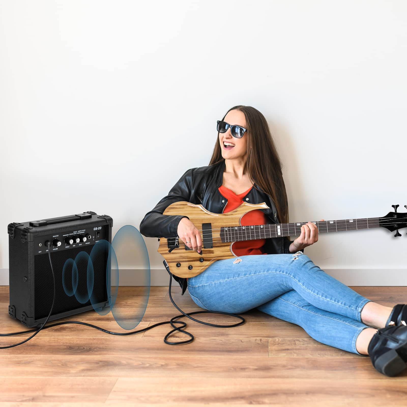 Ktaxon Electric Bass Guitar Full Size Flame Design Bass Set with 20 Watt Amplifier, Portable Bass Bag, Superior Amp Wire, Adjustable Guitar Strap, Plectrum, Wrench Tool(Matte Black)