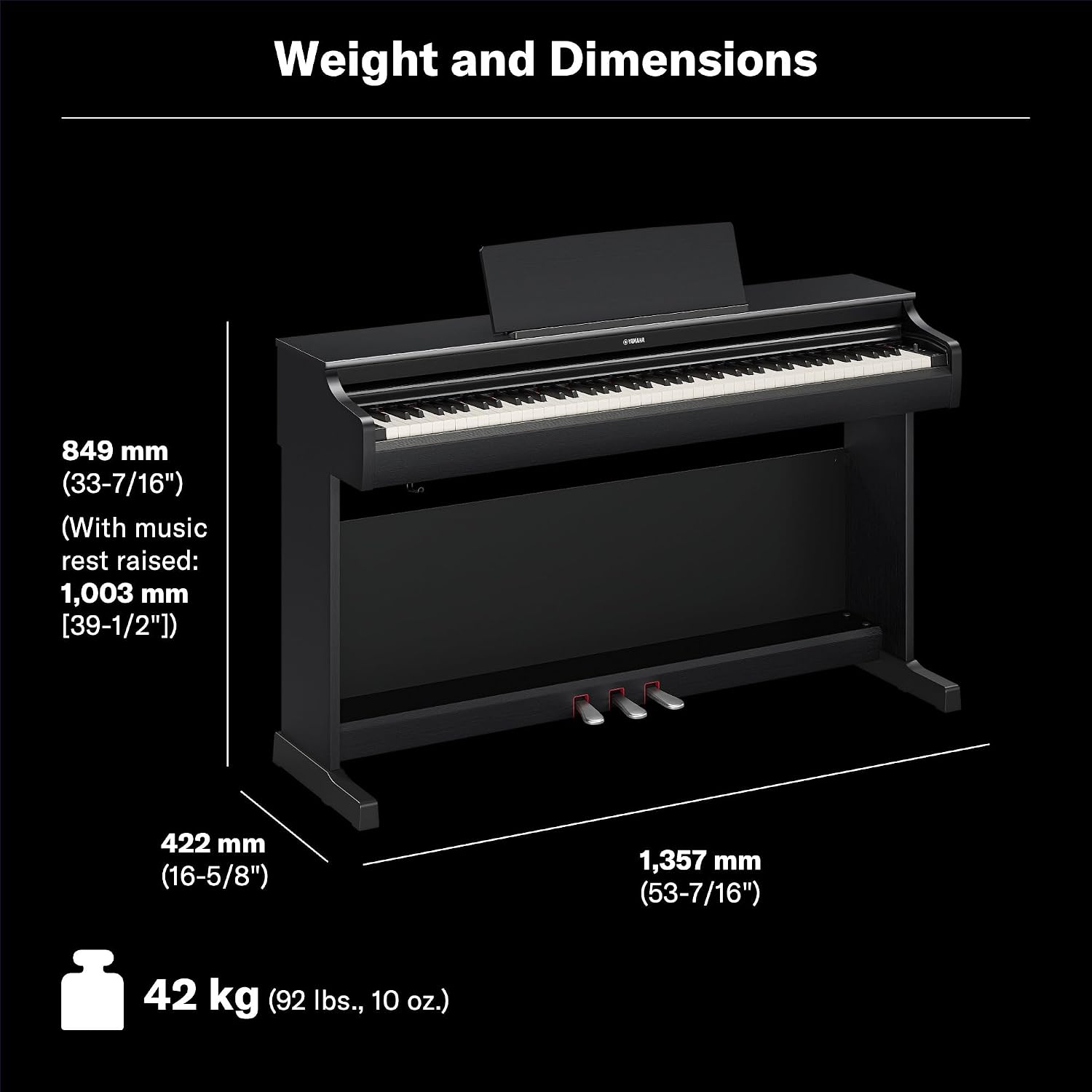 Yamaha Arius Series 88-Key Weighted Digital Piano Keyboard, Full Size, GrandTouch-E Action, CFX Concert Grand Piano Sound, 3-Pedal Unit, Bench Included, Classic Upright Design in Black YDP-166B