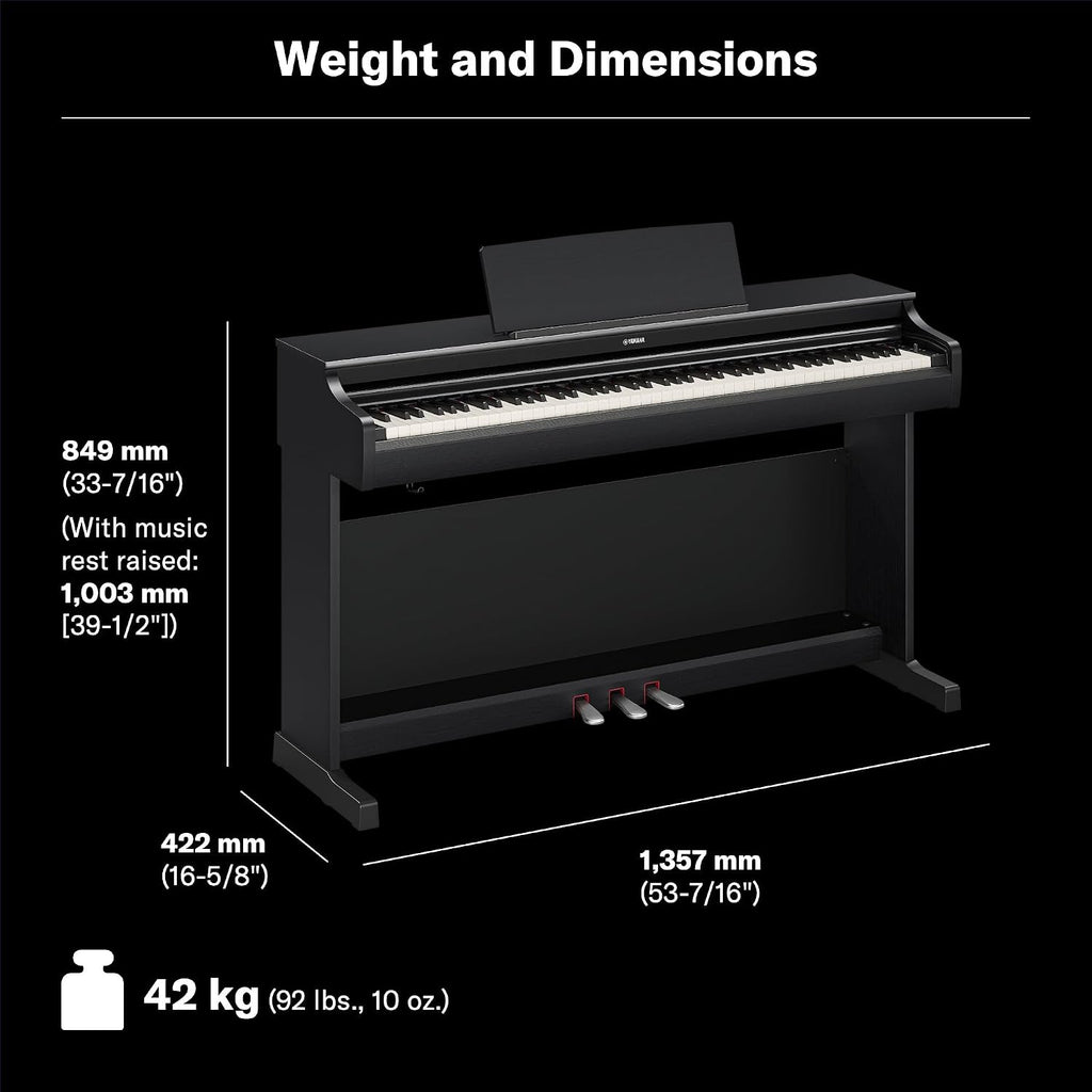 Yamaha Arius Series 88-Key Weighted Digital Piano Keyboard, Full Size, GrandTouch-E Action, CFX Concert Grand Piano Sound, 3-Pedal Unit, Bench Included, Classic Upright Design in White YDP-166WH