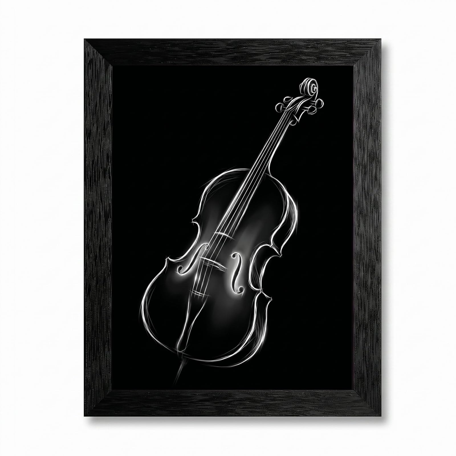 Framed Canvas Wall Art Minimalist Abstract Cello Musical Instrument Electric White Glowing Lines on Black Canvas Print Poster Black Frame Wall Decor for Music Room Studio Modern Art, Inch 24x36