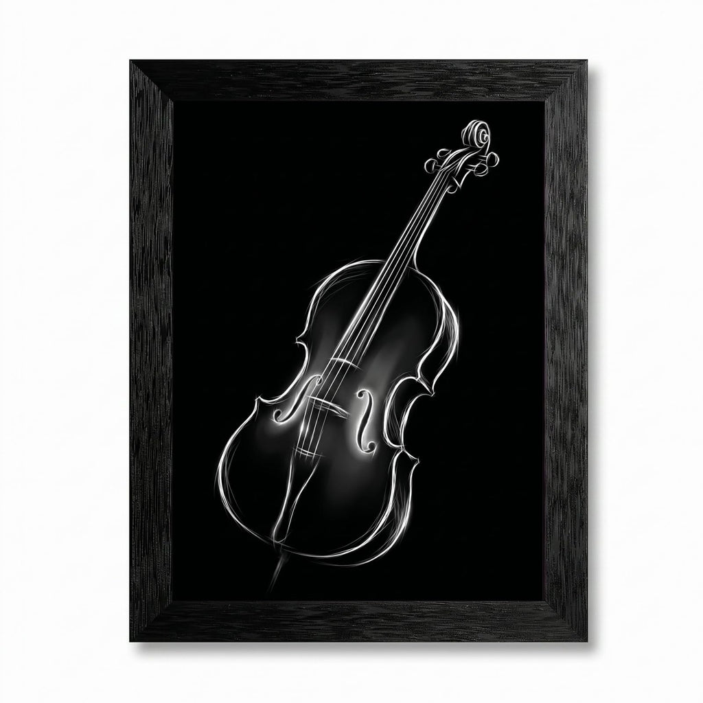 Framed Canvas Wall Art Minimalist Abstract Cello Musical Instrument Electric White Glowing Lines on Black Canvas Print Poster Black Frame Wall Decor for Music Room Studio Modern Art, Inch 24x36