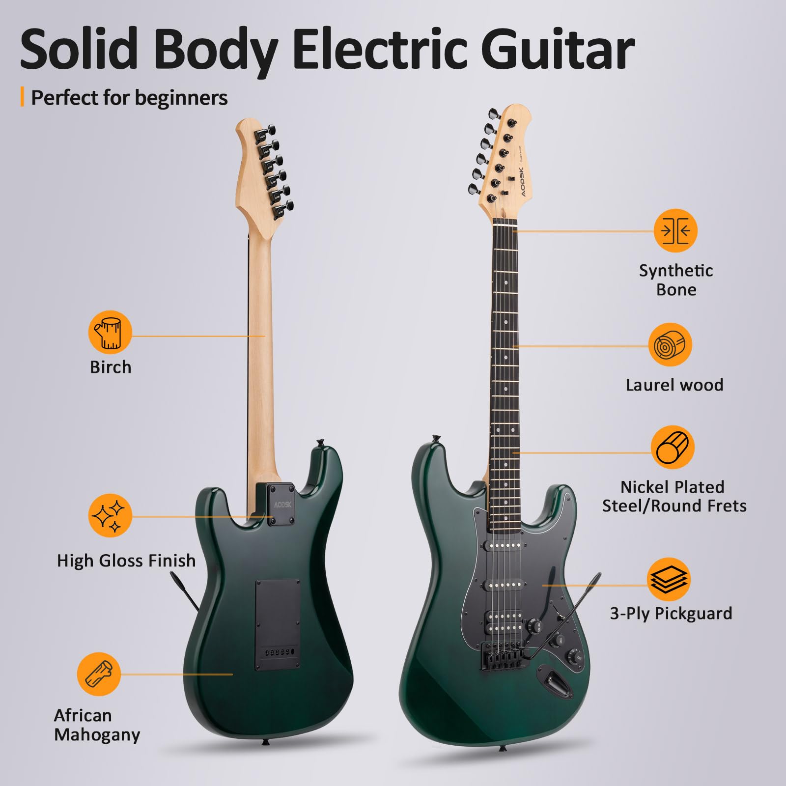 AODSK Electric Guitar with Amp Beginner Kit 39 Inch Solid Body Full Size,All Accessories,Digital Tuner,Six Strings,Four Picks,Tremolo Bar,Strap,Gig Bag,Starter kit (Blue-HSS)