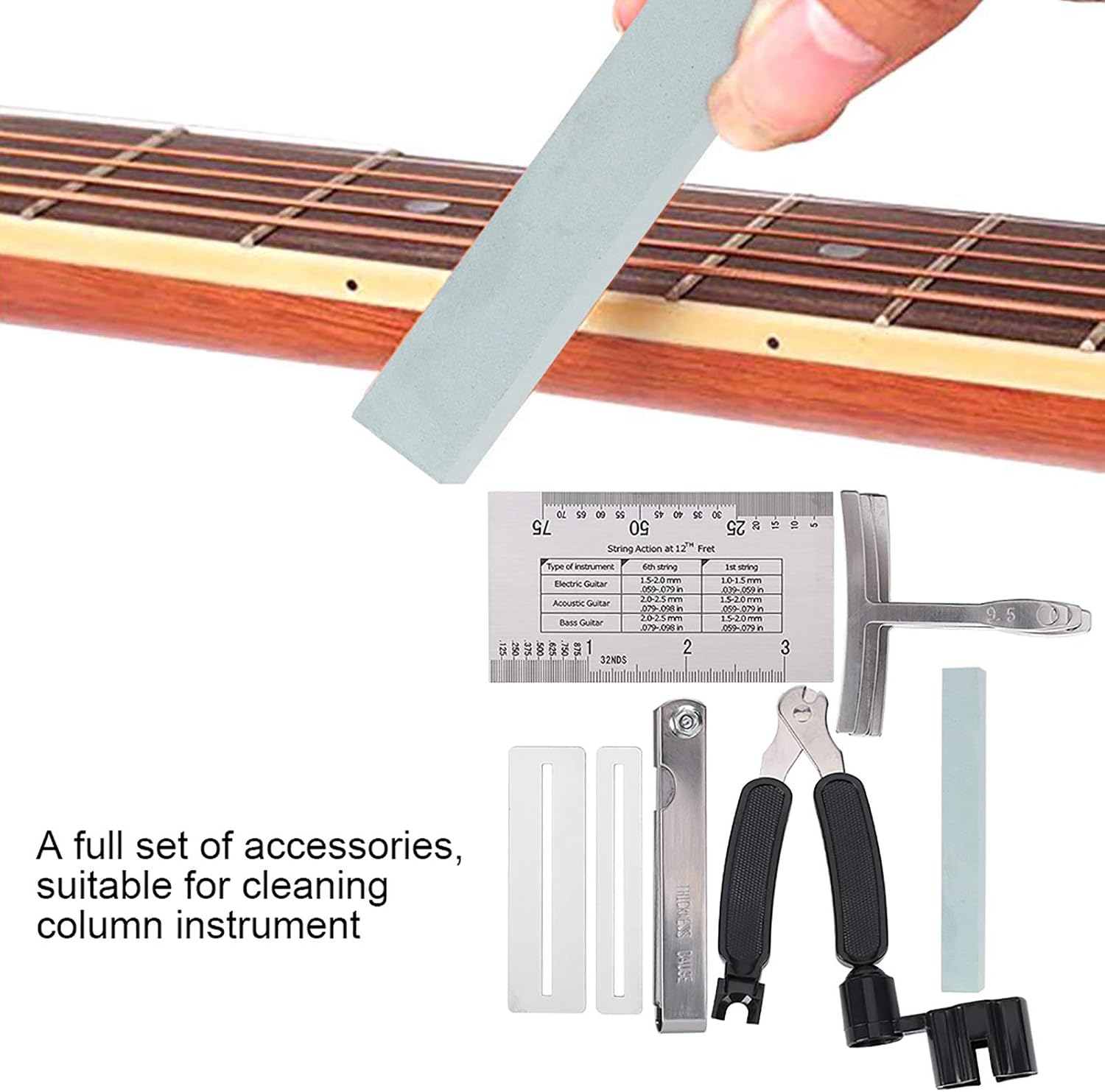Guitar Tool Set, Professional Guitar Accessories, Stainless Steel Radius Gauge and String Action Ruler with Fingerboard Guards, Includes Sander and Polishing Stone for Electric Gui