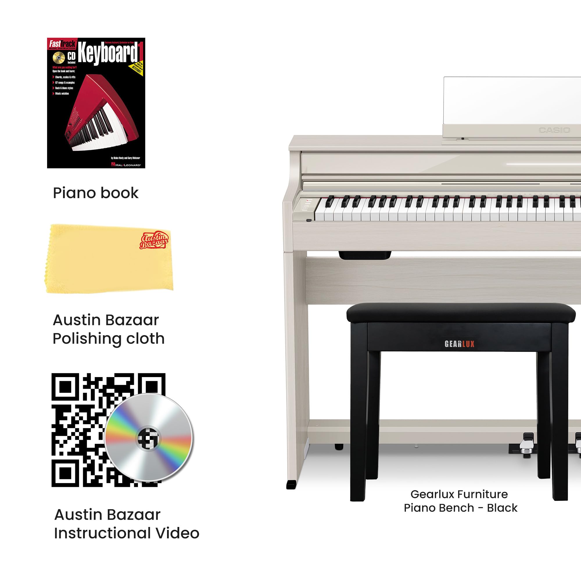 Casio AP-S200 CELVIANO 88-Key Digital Piano - Black Bundle with Furniture Bench, Headphones, Instructional Book, Austin Bazaar Instructional DVD, and Polishing Cloth