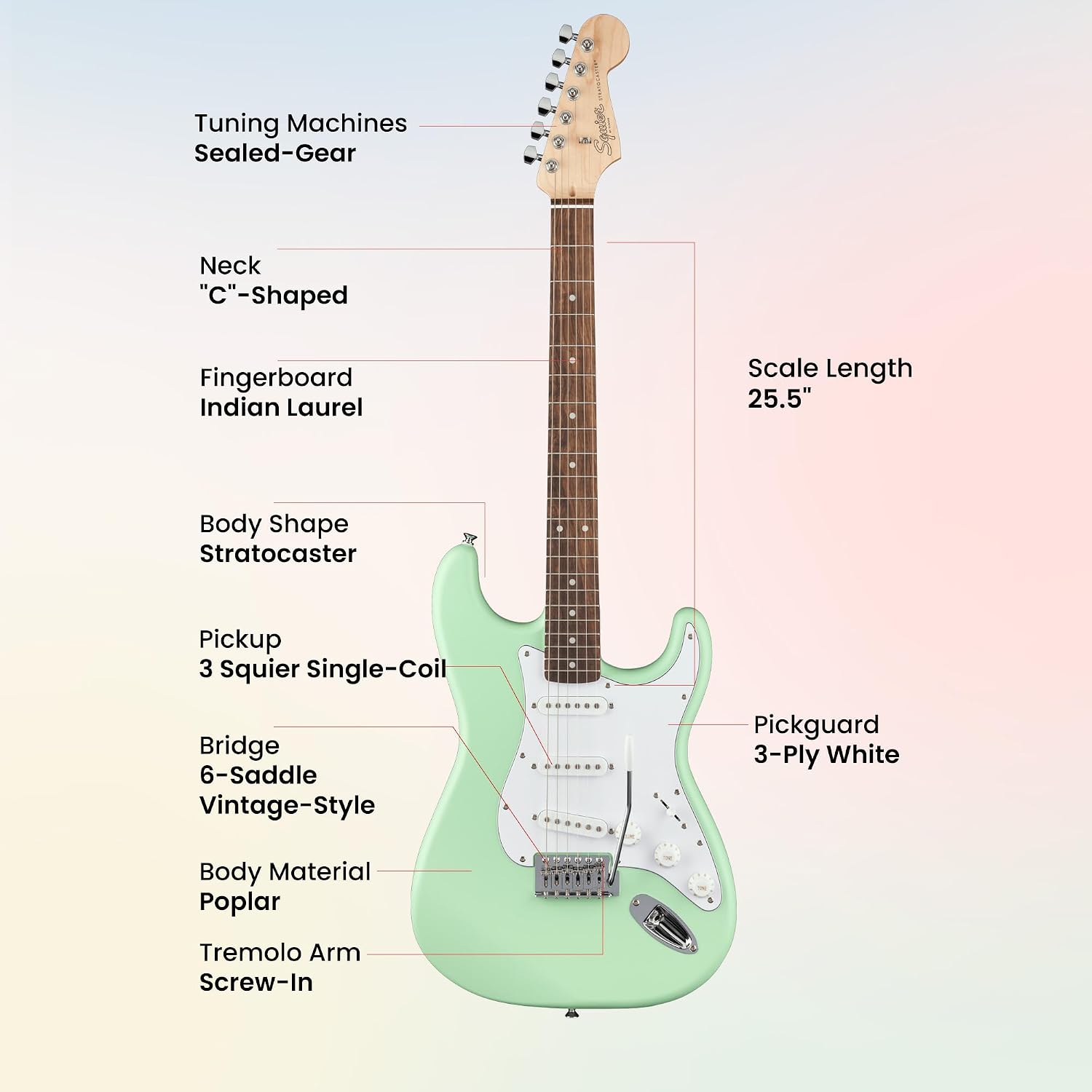 Fender Squier Stratocaster Electric Guitar - Surf Green Bundle with Fender Frontman 10G Amplifier, Gig Bag, Cable, Strap, Picks, and Austin Bazaar Instructional Video