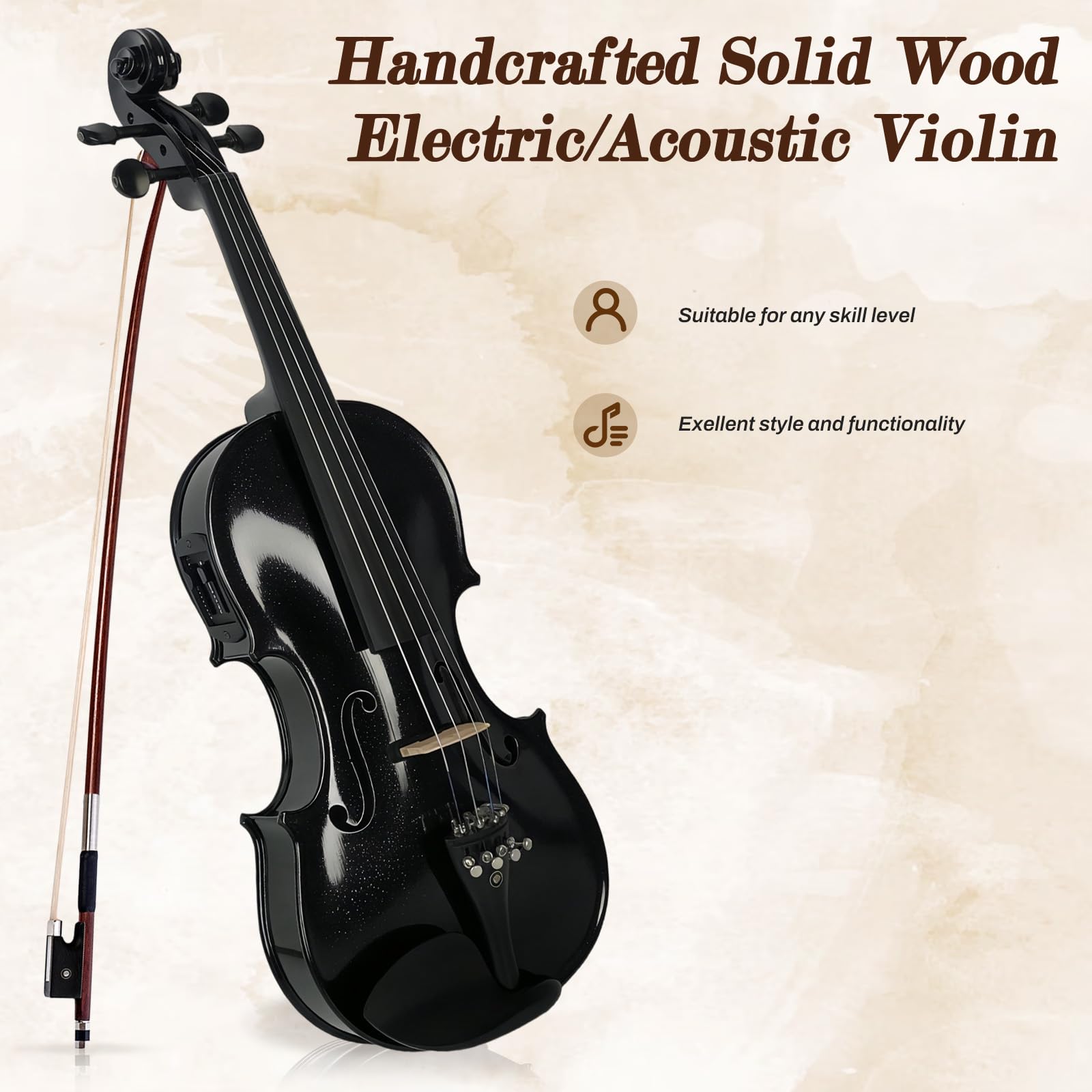 Electric/Acoustic Violin with Ebony Accessories with Carrying Case, Violin Bow, Bridge, Shoulder Rest, Stickers, Tuner, Instruction, Handcraft with Maple, Spruce (White)