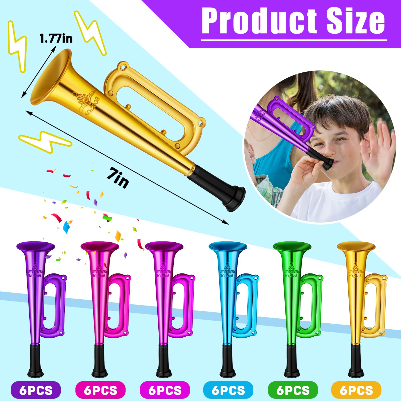 Deekin 36 Pcs 4th of July Plastic Trumpet 6 Inch Patriotic Party Favor Noise Maker Trumpet 250th Anniversary Noise Makers Musical Instruments for 4th of July Soccer Party Favors(Red, Blue, White)