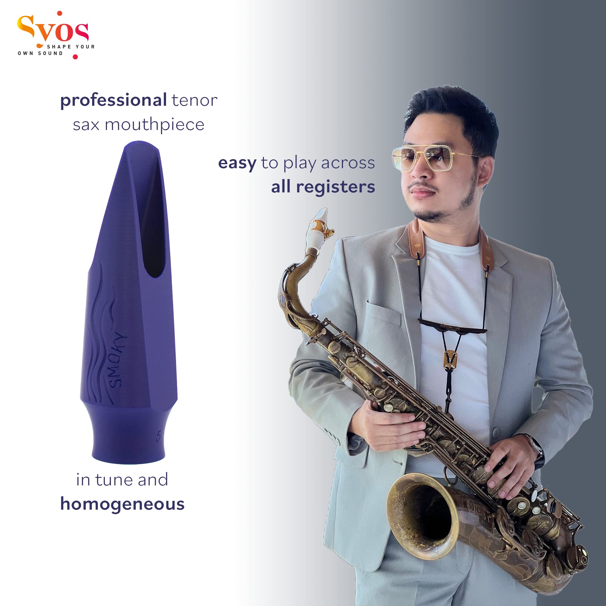 Syos Tenor Saxophone Mouthpiece Smoky Model, 8 Tip Opening, Anthracite Gray - Warm Dark Sound, Wide Full Tone, Low Rollover Baffle, Easy Response, Perfect for Jazz & Soul, Made in France