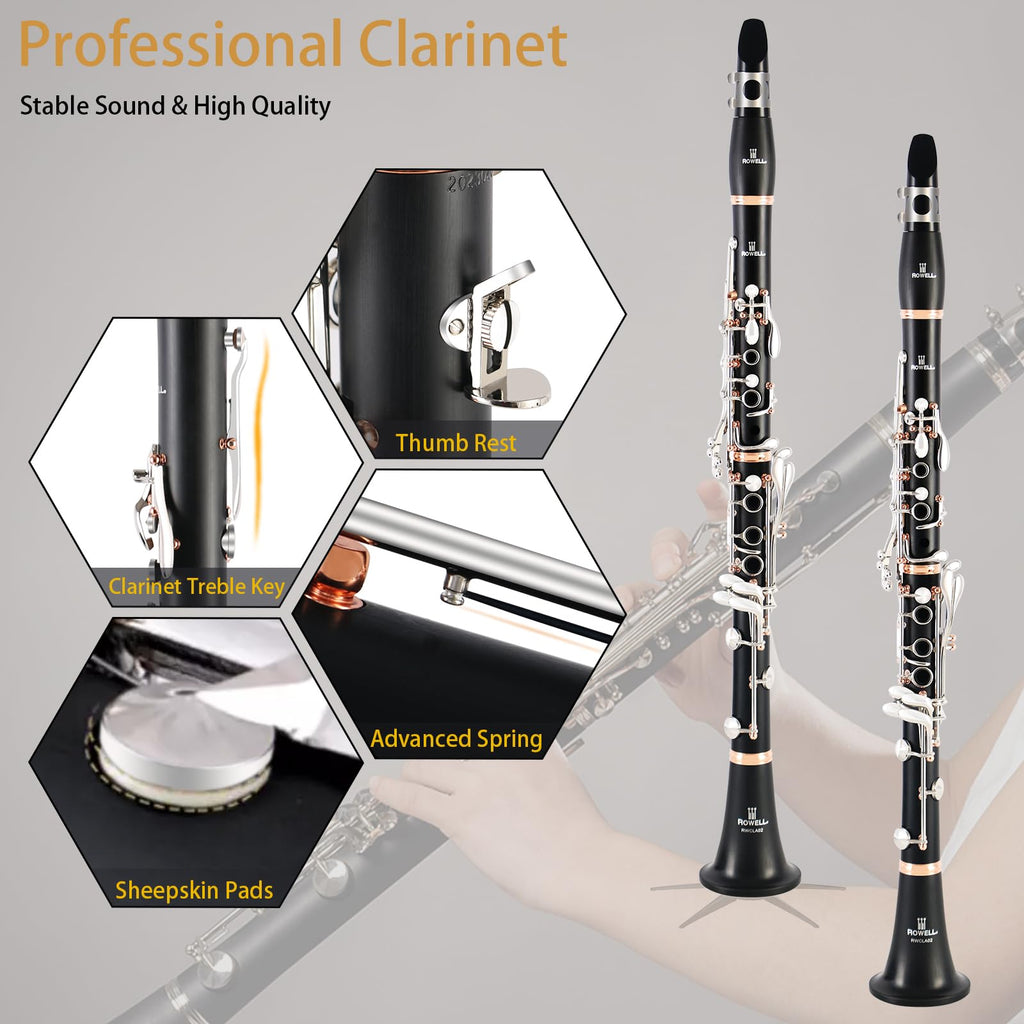 ROWELL 18 Key Bb Clarinet with Eb/Ab Lever & African Blackwood Wood Body Professional Rich Tone for Intermediate Players & Students Includes Case, Mouthpiece, Reeds