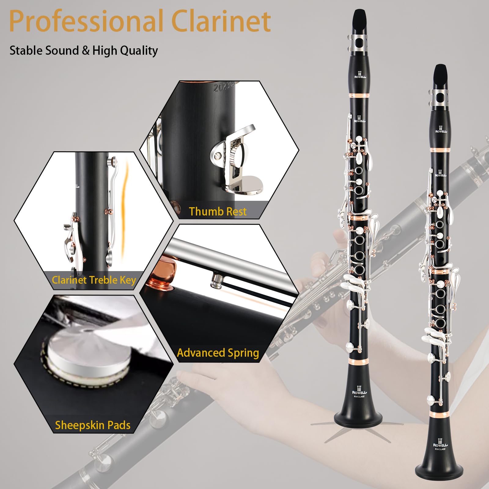 ROWELL 18 Key Bb Clarinet with Eb/Ab Lever & African Blackwood Wood Body Professional Rich Tone for Intermediate Players & Students Includes Case, Mouthpiece, Reeds