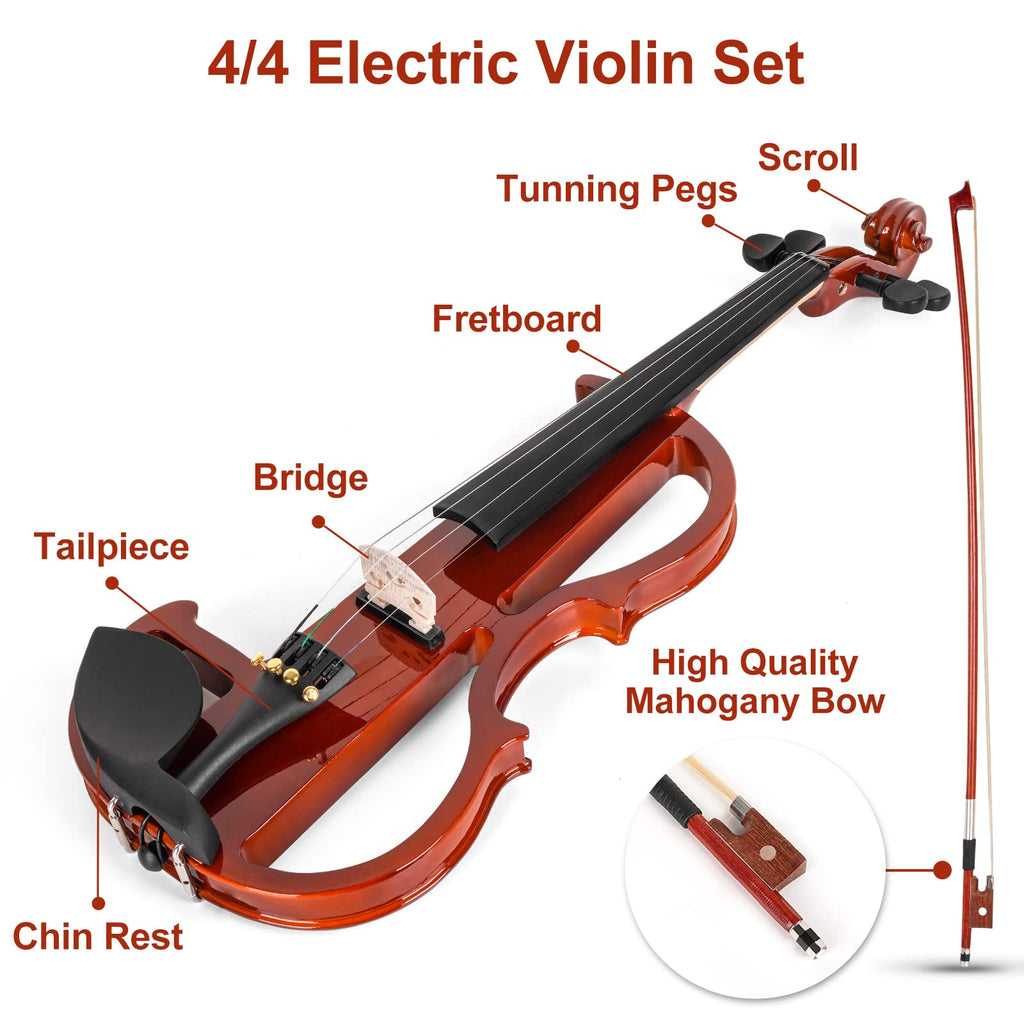 Vangoa Electric Violin Full Size 4/4, Black Silent Electric Violin, Solid Wood Metallic Electric Fiddle with Ebony Fittings, Beginner Kit for Adults Teens