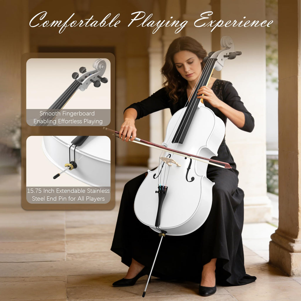 Cello 4/4 Kit, Full Size Cello for Adults, Students, Beginners, Complete Acoustic Cello Instrument Set with Portable Bag, Bow, Rosin, Black