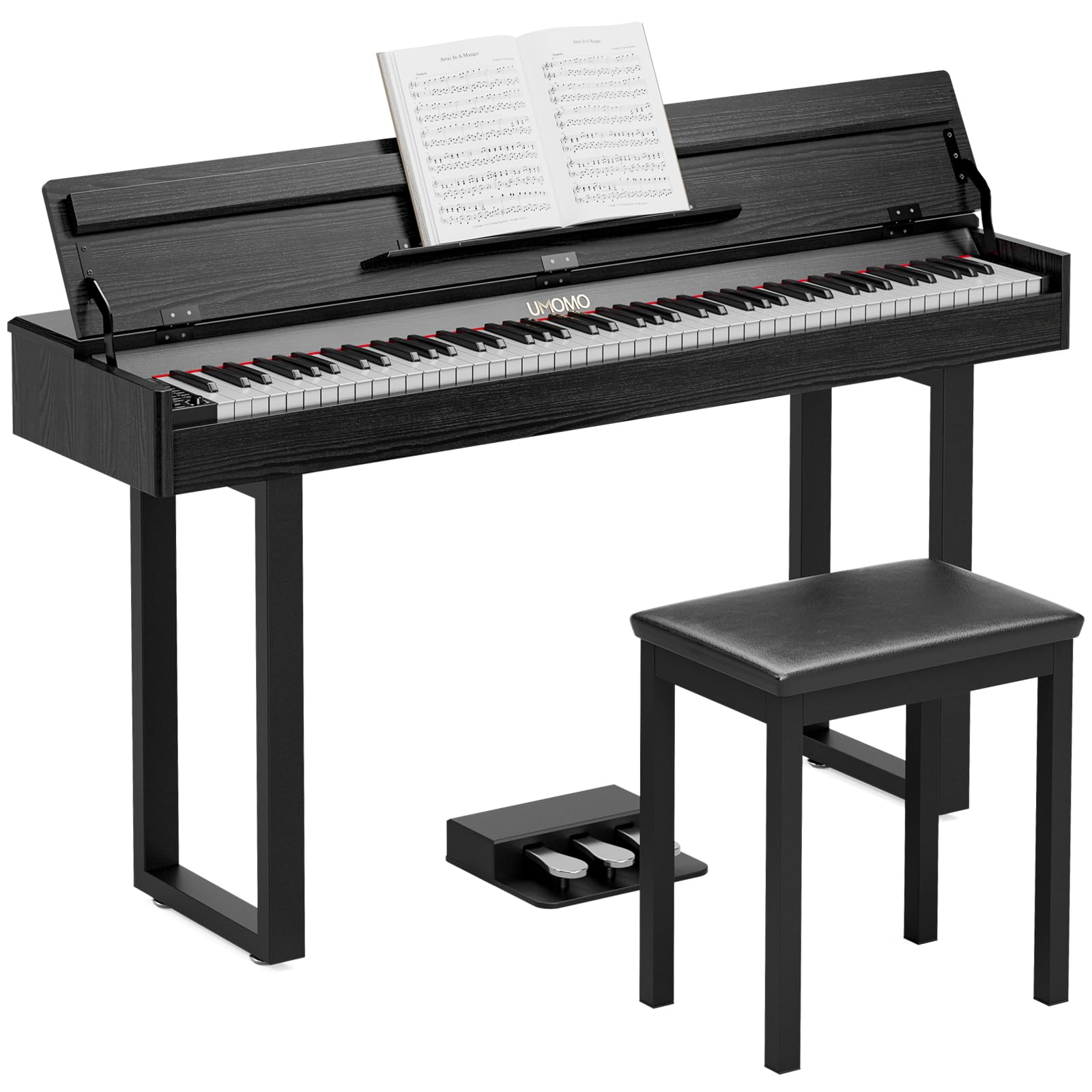 UMOMO 88 Key Weighted Digital Piano with Progressive Hammer Action, Metal Stand & Single Bench, Triple Pedals, USB MIDI, 128 Tones/Rhythms – Full Size Electric Keyboard for Beginners