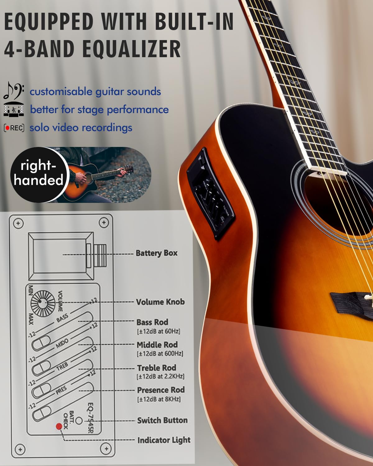 Winzz 4/4 Electro Acoustic Guitar, Left-Handed Western Guitar Set, Adult Beginners, Acoustic Guitar 41 Inch with 4-Band Equaliser (Dreadnought,Glossy Sunburst)