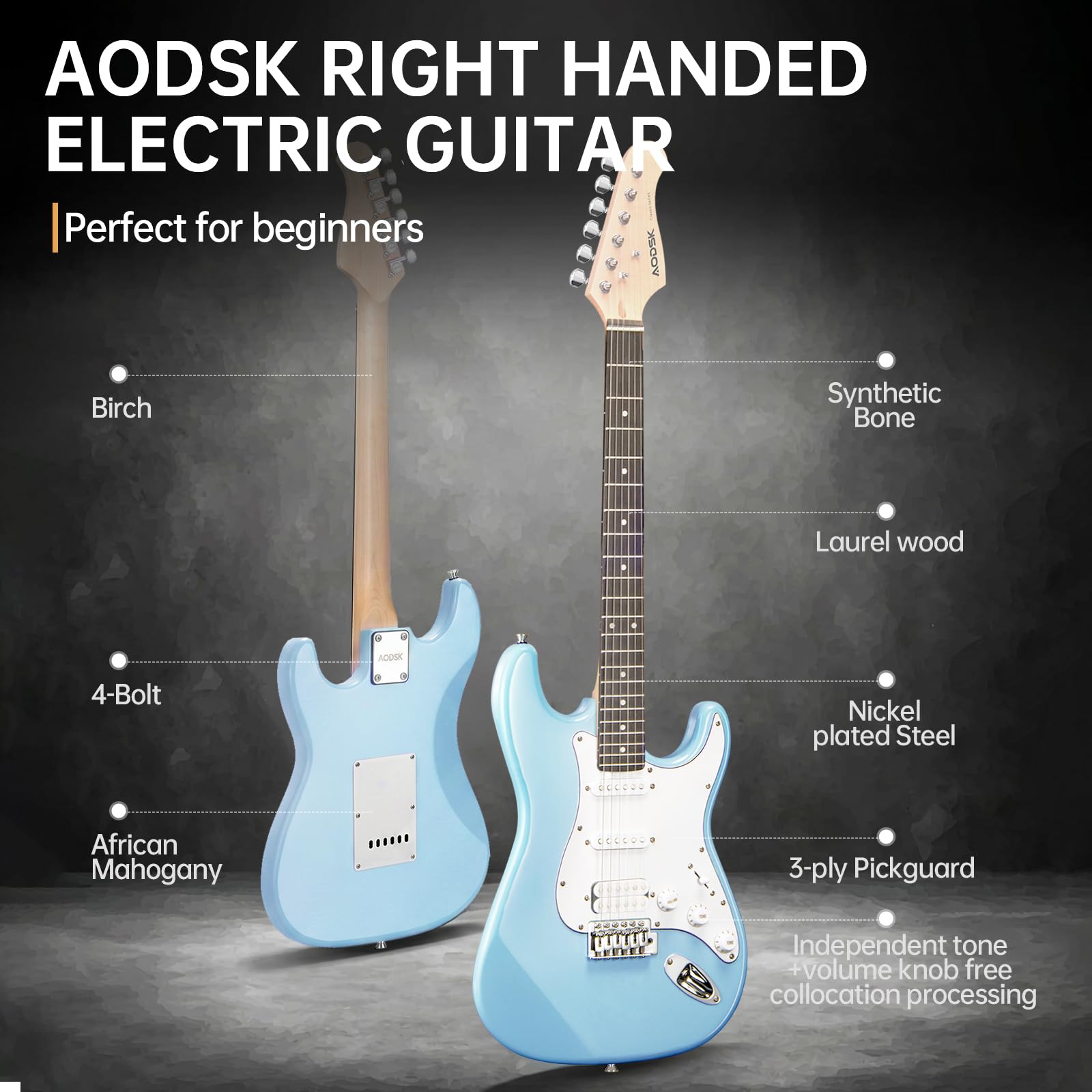 AODSK Electric Guitar with Amp Beginner Kit 39 Inch Solid Body Full Size,All Accessories,Digital Tuner,Six Strings,Four Picks,Tremolo Bar,Strap,Gig Bag,Starter kit (Blue-HSS)