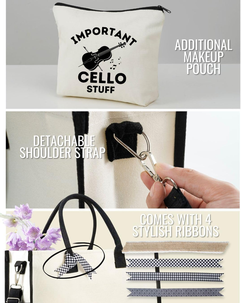InnoBeta Cello Gifts for Women, Gifts for Cello Players, Cellist Canvas Tote Bag for Girls Mom, Grandma, Bag with Top Zipper Closure and Shoulder Strap for Birthday,Christmas